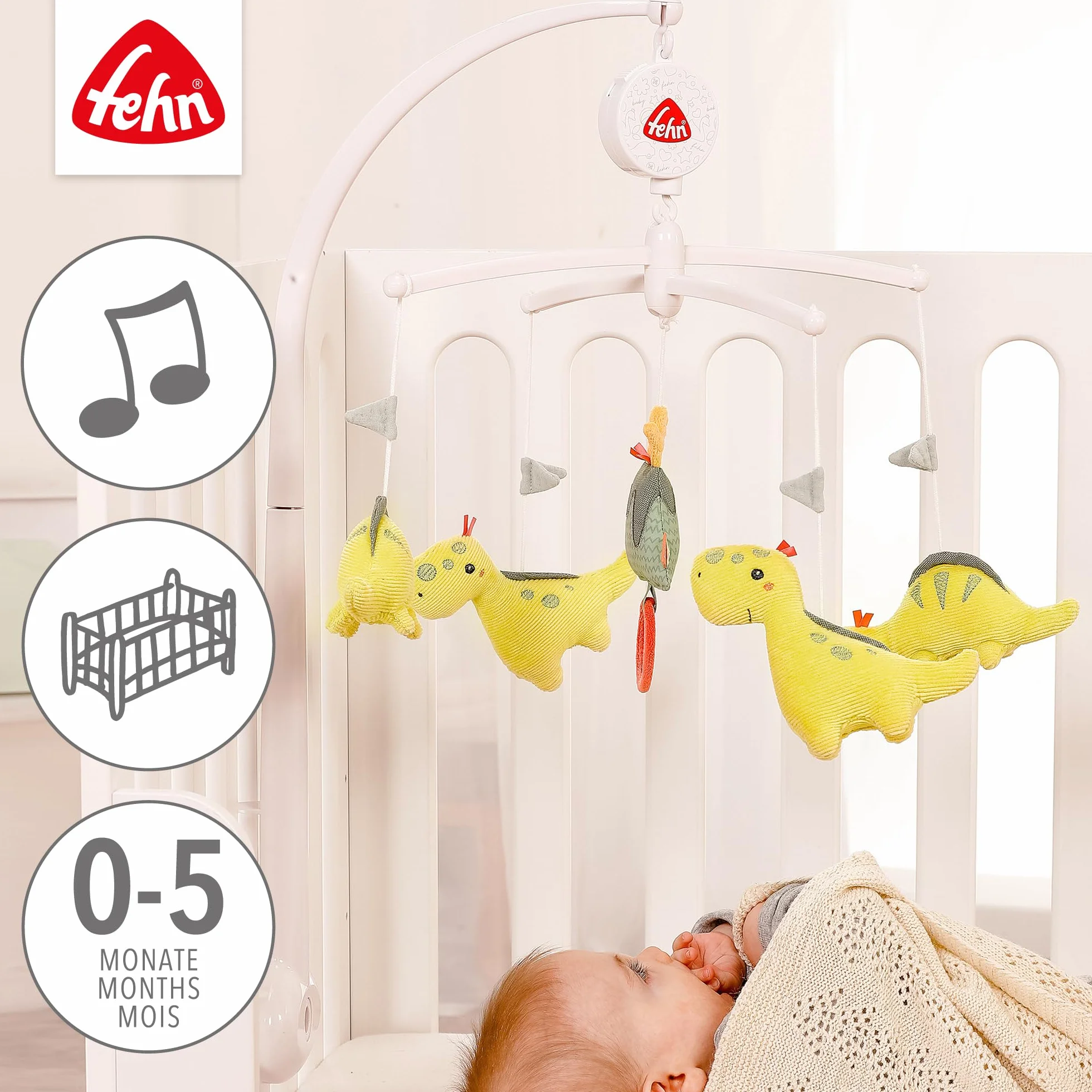 Fehn Musik-Mobile Happy Dino – Aufzieh-Mobile mit Spieluhr-Melodie „Brahms Wiegenlied“ und Figuren zur Beruhigung & Beschäftigung – Mit Bett-Befestigung für Babys von 0-5 Monaten