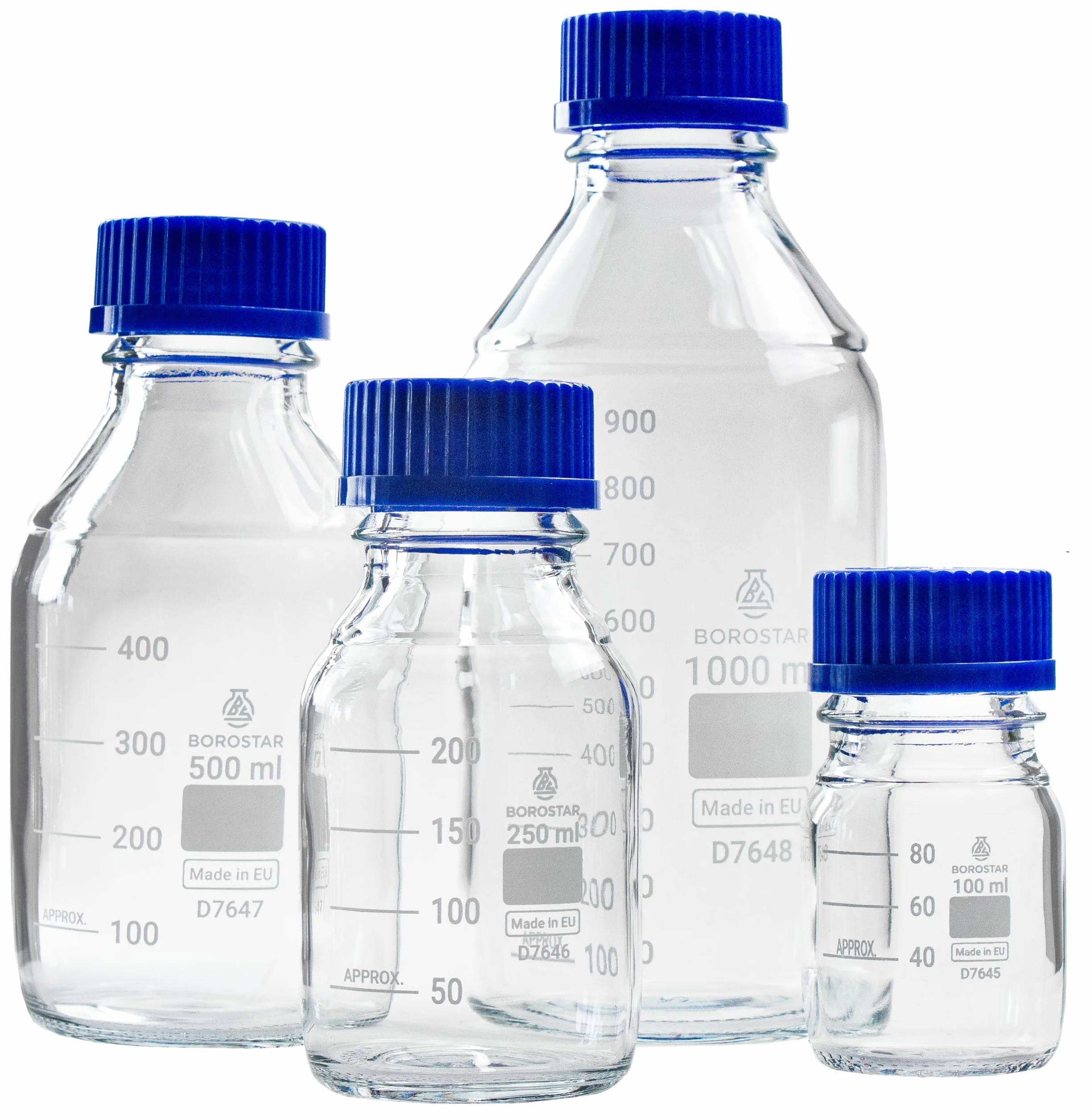Butelka laboratoryjna (Boro 3.3), GL45, z zakrętką i pierścieniem do nalewania PP, niebieska, 1000 ml