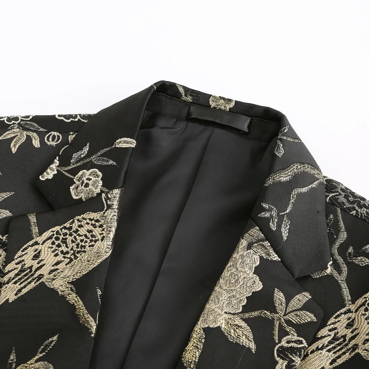 YOUTHUP Męska haftowana marynarka slim fit kwiecisty garnitur kurtka stylowe kwiatowe smokingowe kurtki
