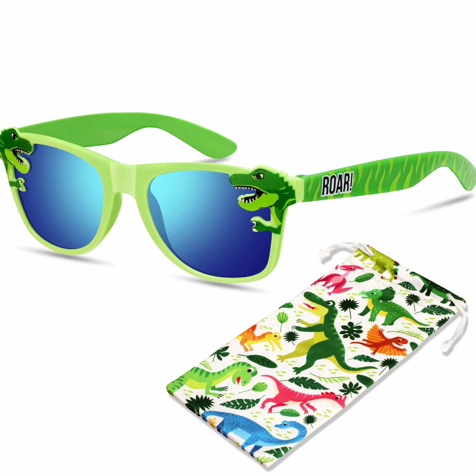 Hifot Okulary przeciwsłoneczne chłopiec dziewczynka dinozaury, ochrona przed promieniowaniem UV, okulary przeciwsłoneczne dla dzieci od 3 lat do 10 lat, z miękkim pokrowcem na dinozaury, na plażę