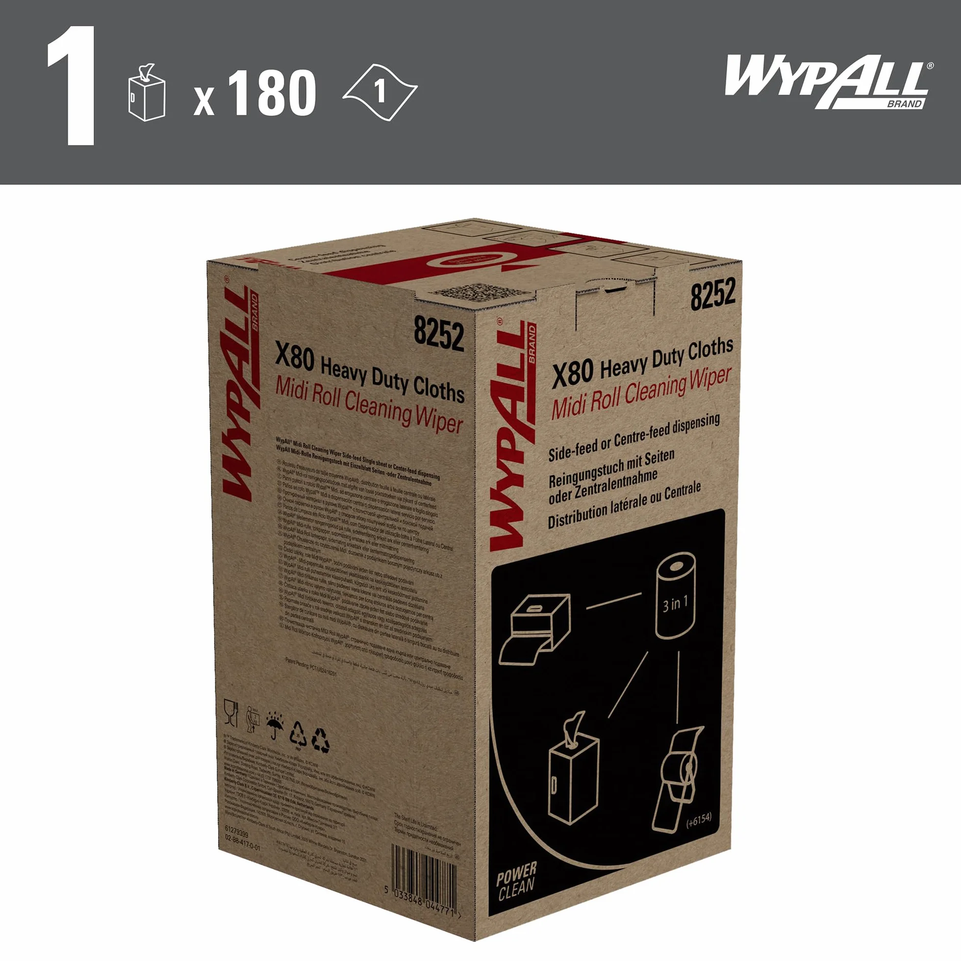 WypAll X80 Power Clean Heavy Duty 8252-2 w 1 zestaw do czyszczenia midi na rolce, 1 rolka x 180 białych ściereczek do polerowania