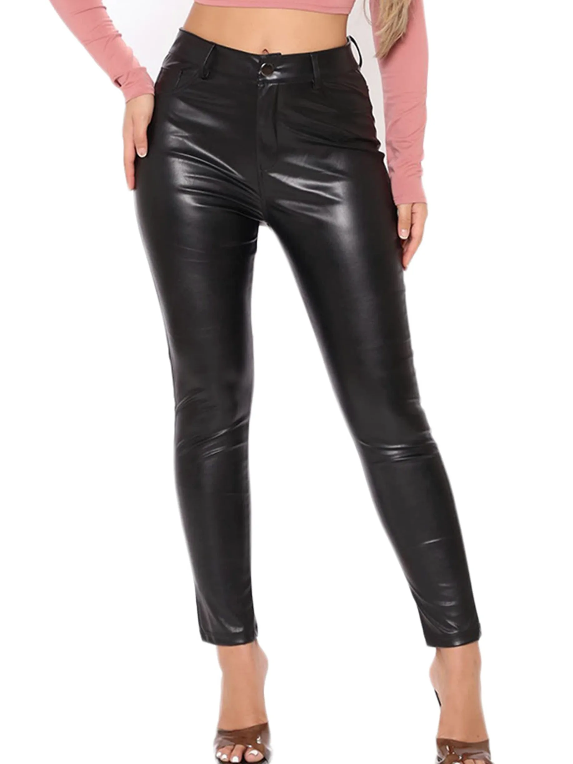 Damskie spodnie ze sztucznej skóry z wysokim stanem Flare/ołówkowe/proste Seksowne legginsy slim fit Legginsy ze sztucznej skóry wyglądające na mokre (czarne 2 XL)