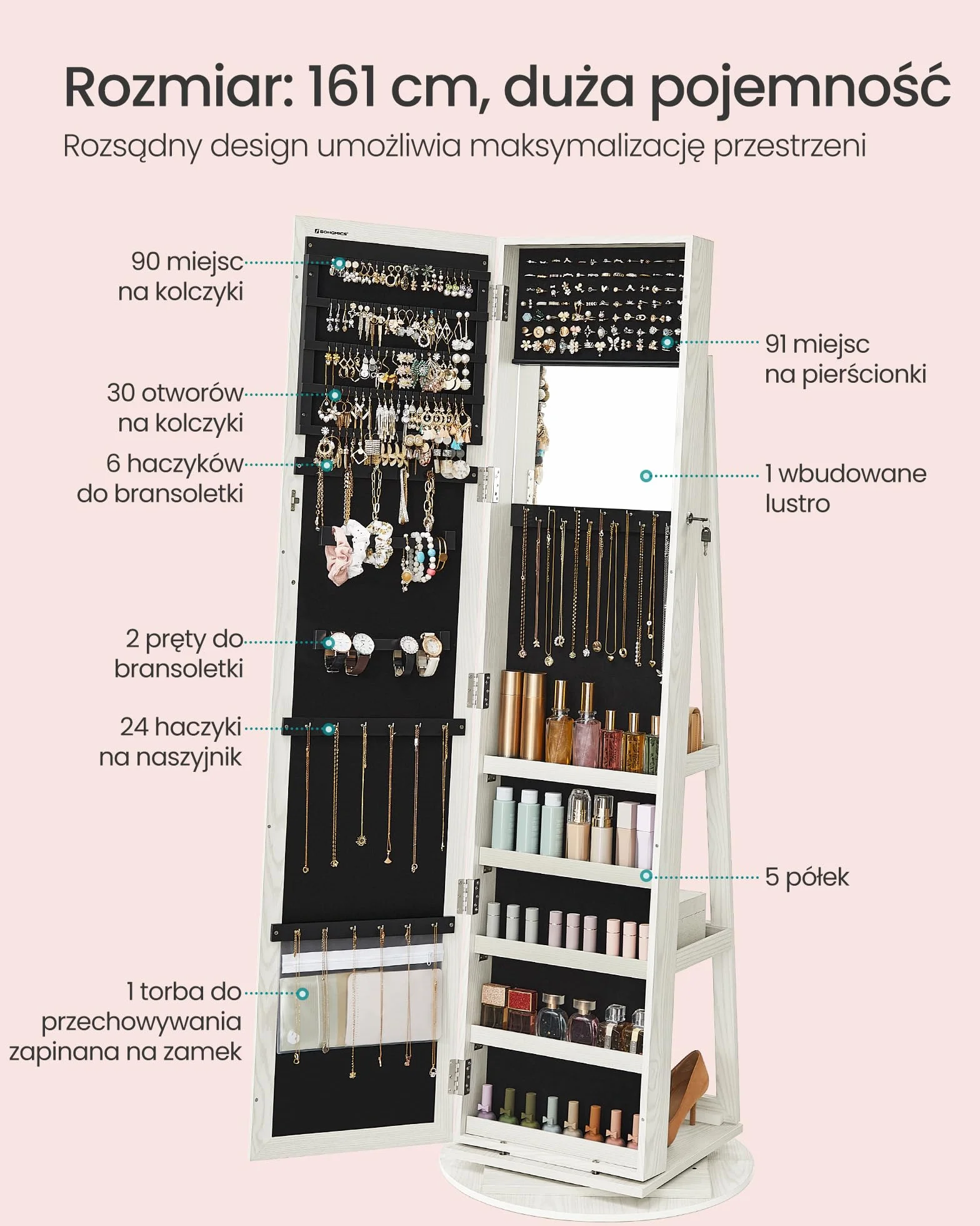 SONGMICS Szafka na biżuterię Szafka z lustrem 360 ° Obrotowa Zamykana szafka na biżuterię 3 w 1 z zamkiem na półki lustrzane Biała z szarym słojem drewna JBC62W