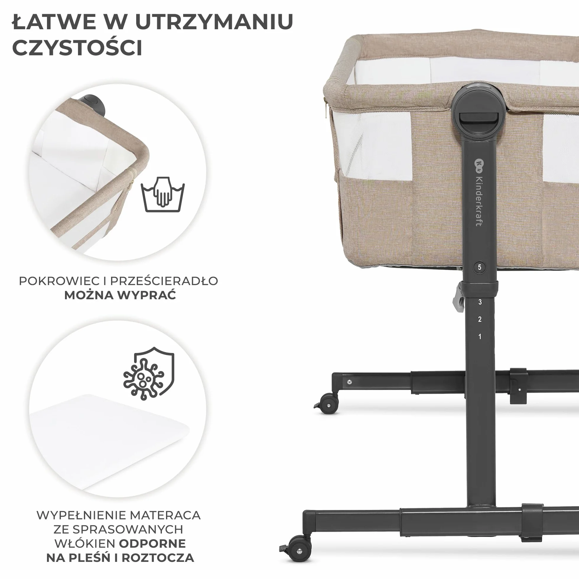 Kinderkraft NESTE UP2 Łóżeczko dostawne, Łóżko turystyczne dziecięce, Regulacja wysokości i kątu nachylenia, Materac i prześcieradło, Solidna konstrukcja, Opuszczana ściana boczna, do 9 kg, Beżowy