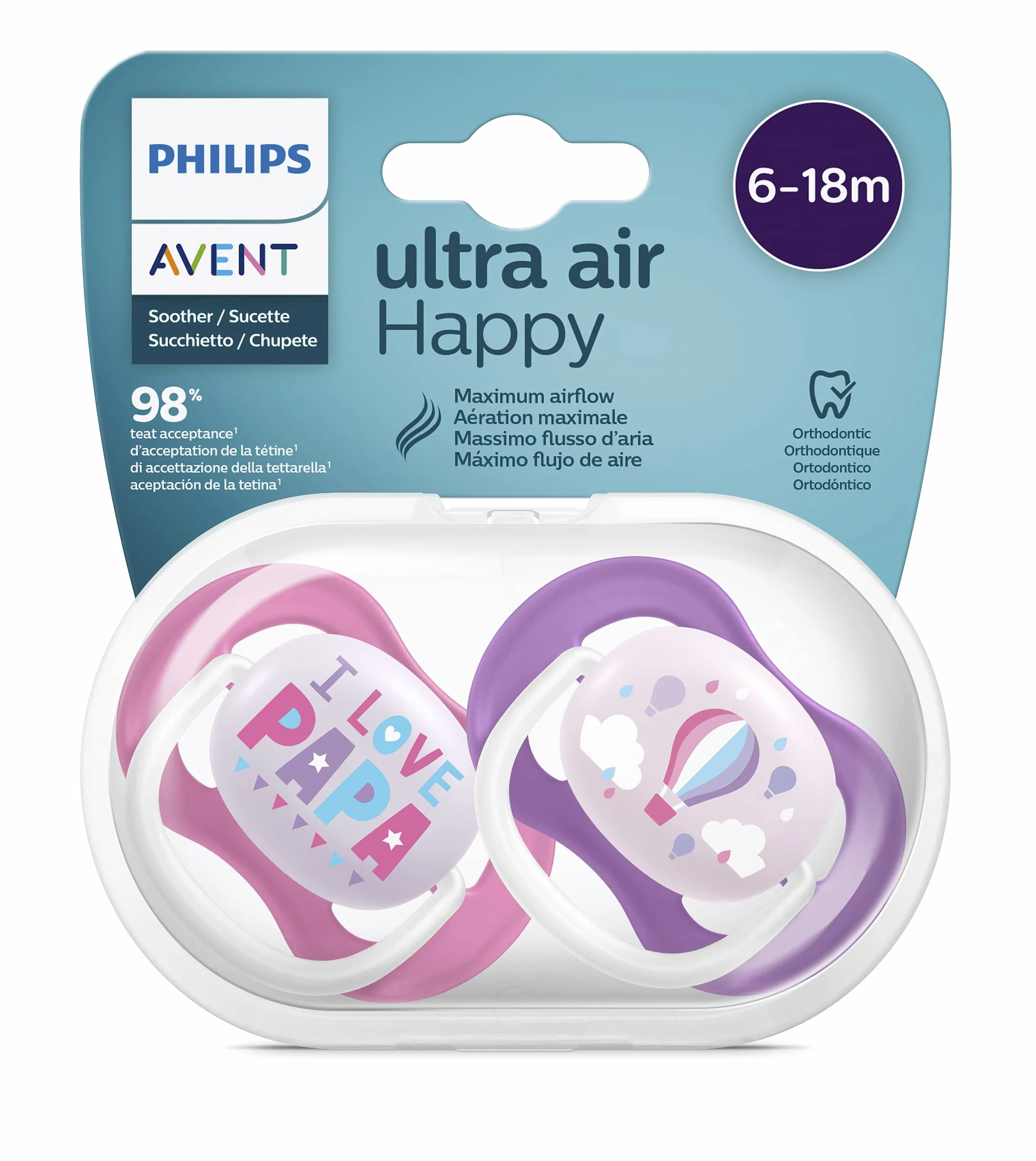 Smoczek Ultra Air Philips Avent, dla dzieci od 6 do 18 miesiąca życia, ortodontyczny i bez bisfenolu A, 2 szt., w zestawie sterylizator/torba do przenoszenia, SCF080/04