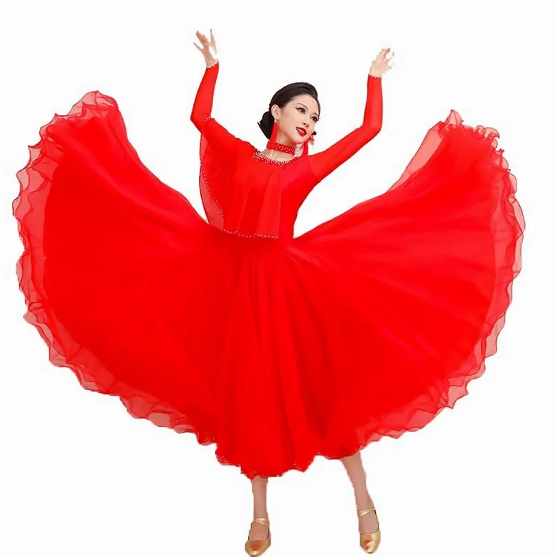 Rygglösa klänningar för sällskapsdans för kvinnor Långärmade vals danskläder Tango dansdräkt med strass Social dansoutfit med fantastisk tyllgunga