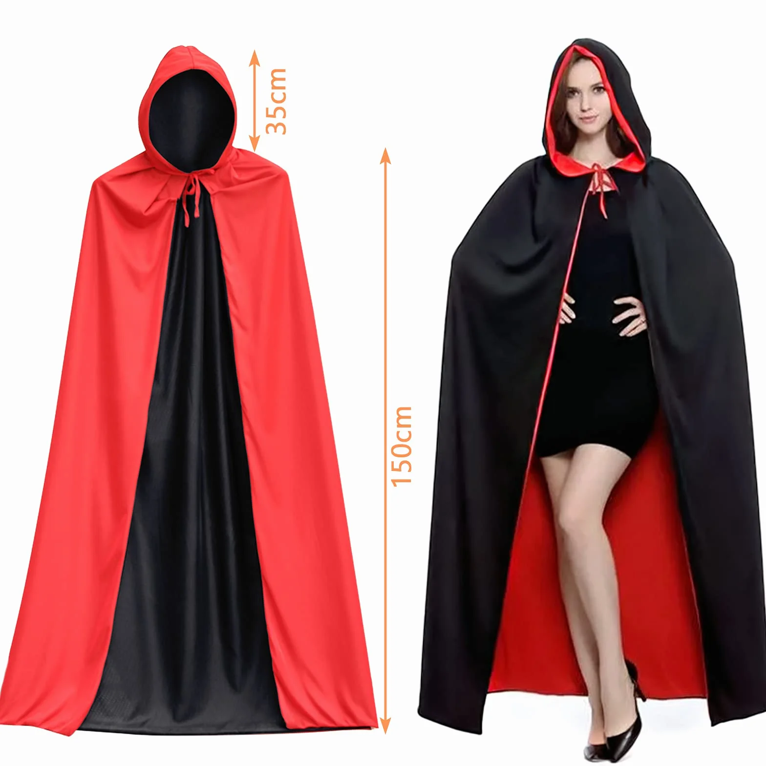Peleryna Wampira dla Kobiet i Mężczyzn - Dwustronna Peleryna na Halloween dla Dorosłych - Kostium na Halloween, Kostium Wampira, Kostium Horror, Tematyczna Impreza Halloween (150 cm)