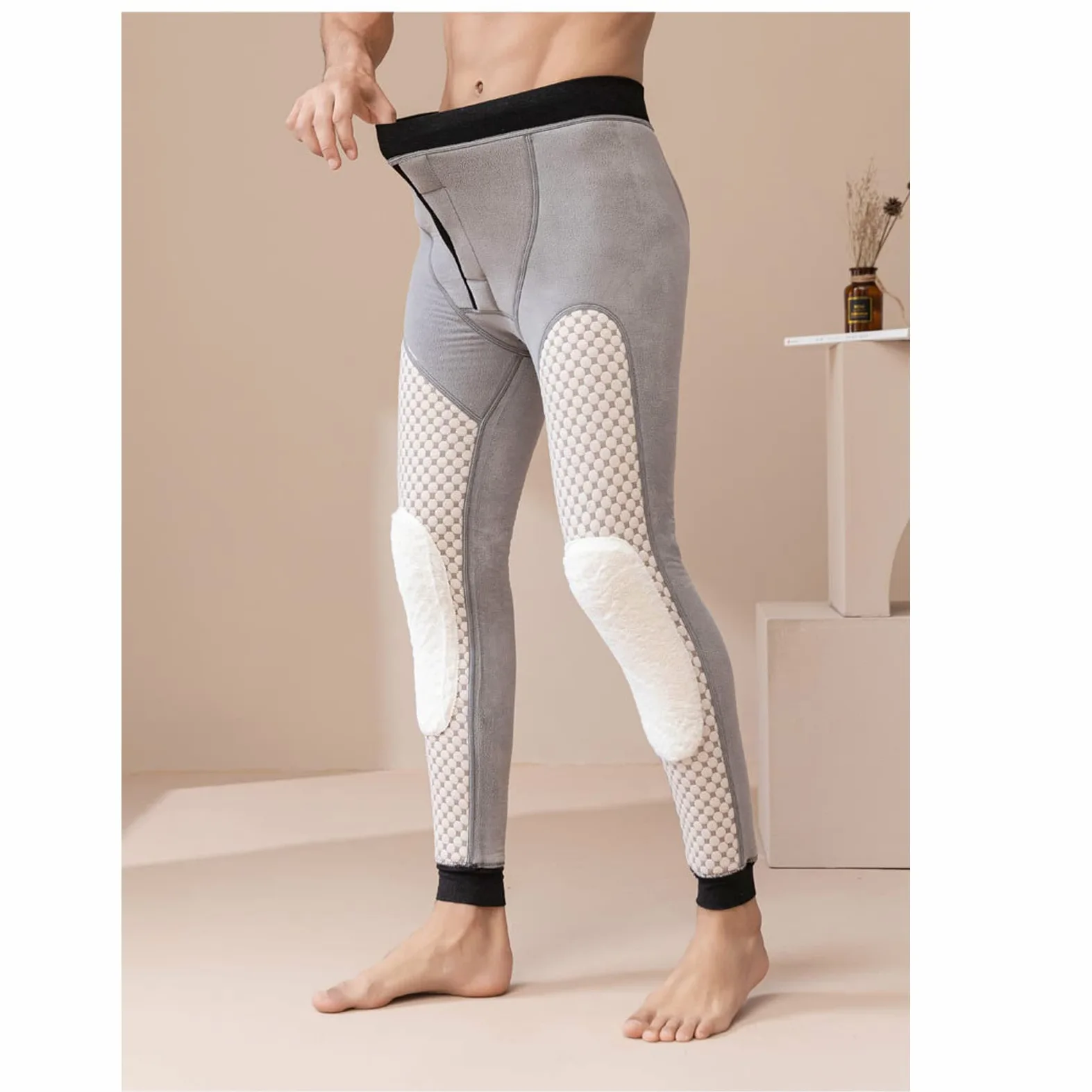 Męskie polarowe kalesony termiczne z wysokim stanem - ciężkie zimowe legginsy z ciepłą podszewką, spodnie dresowe warstwa bazowa joggery, czarne, rozmiar 3XL