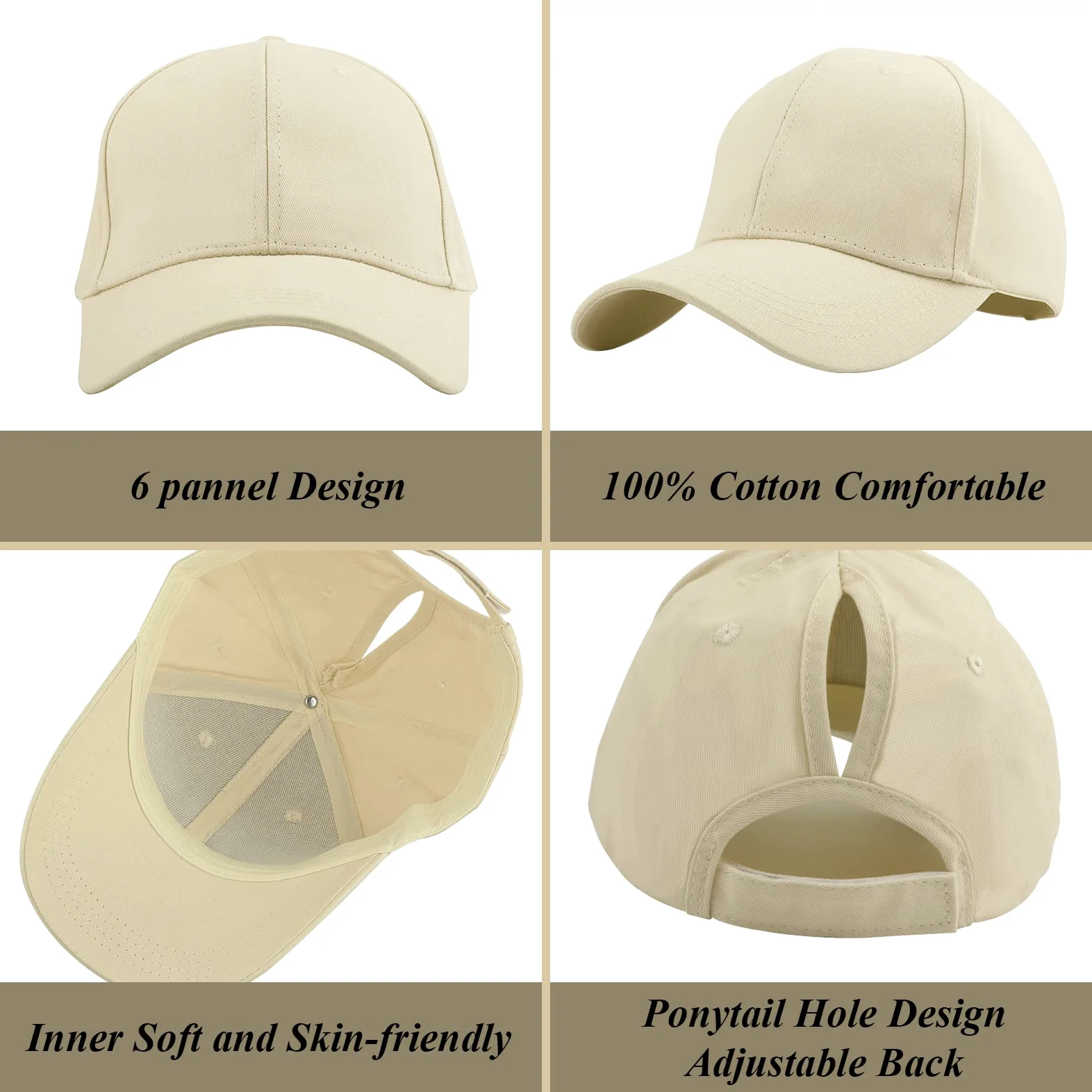 Damska czapka z daszkiem z kucykiem, unisex regulowana wysoka niechlujna czapka z kucykiem, klasyczne czapki na zewnątrz w jednolitym kolorze z pętlą na kucyk, Beige, Rozmiar uniwersalny