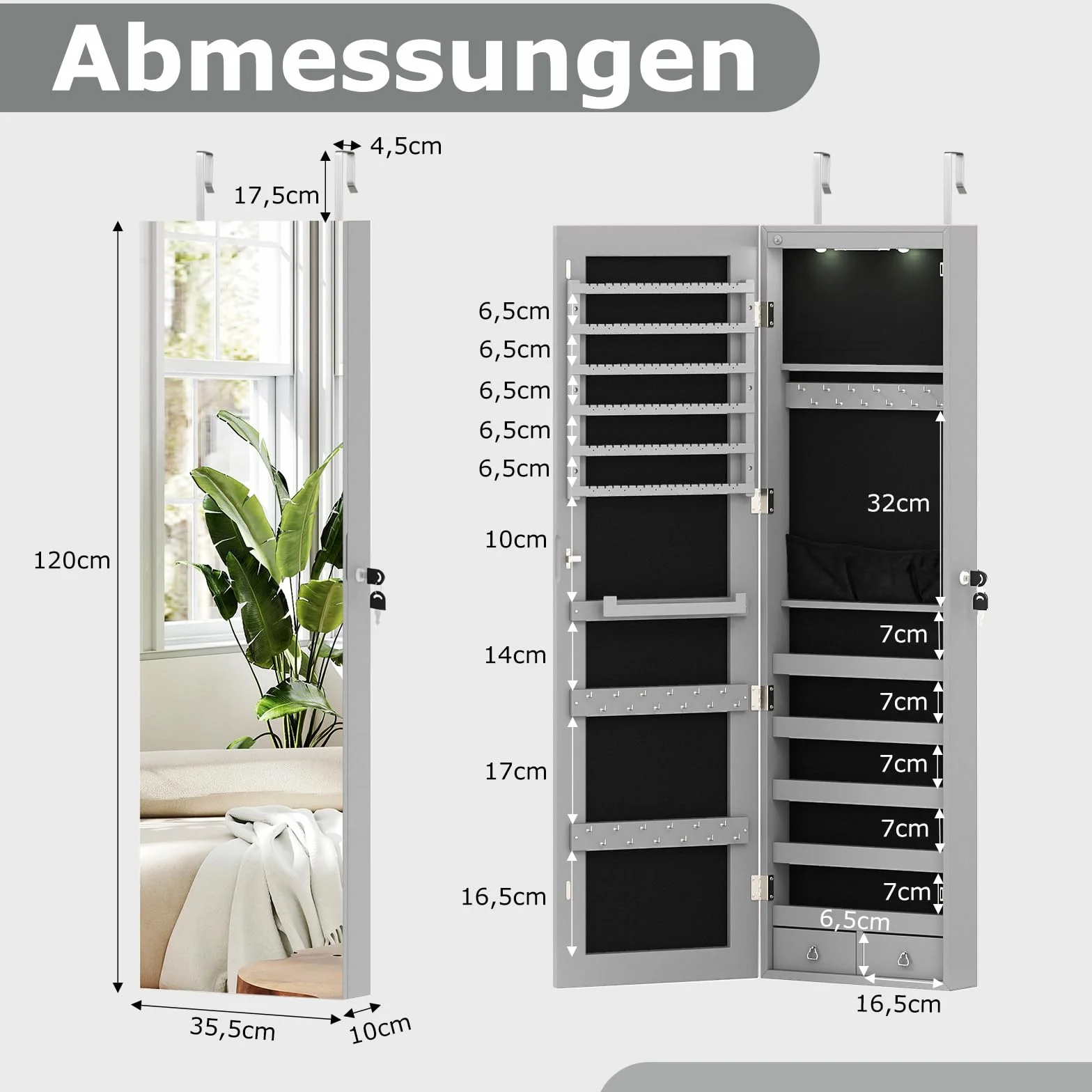 COSTWAY Szafka na biżuterię z lustrem LED, zamykana na klucze, 120 x 35,5 x 10 cm, szara
