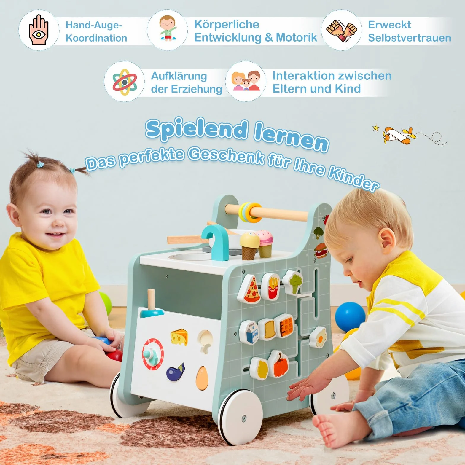 COSTWAY Drewniany wózek do nauki chodzenia 6 w 1, pomoc w nauce chodzenia z kuchnią do zabawy, zegarem do nauki, dopasowaniem kształtu i ruchomym suwakiem, kuchnia dziecięca Baby Walker z kółkami, dla