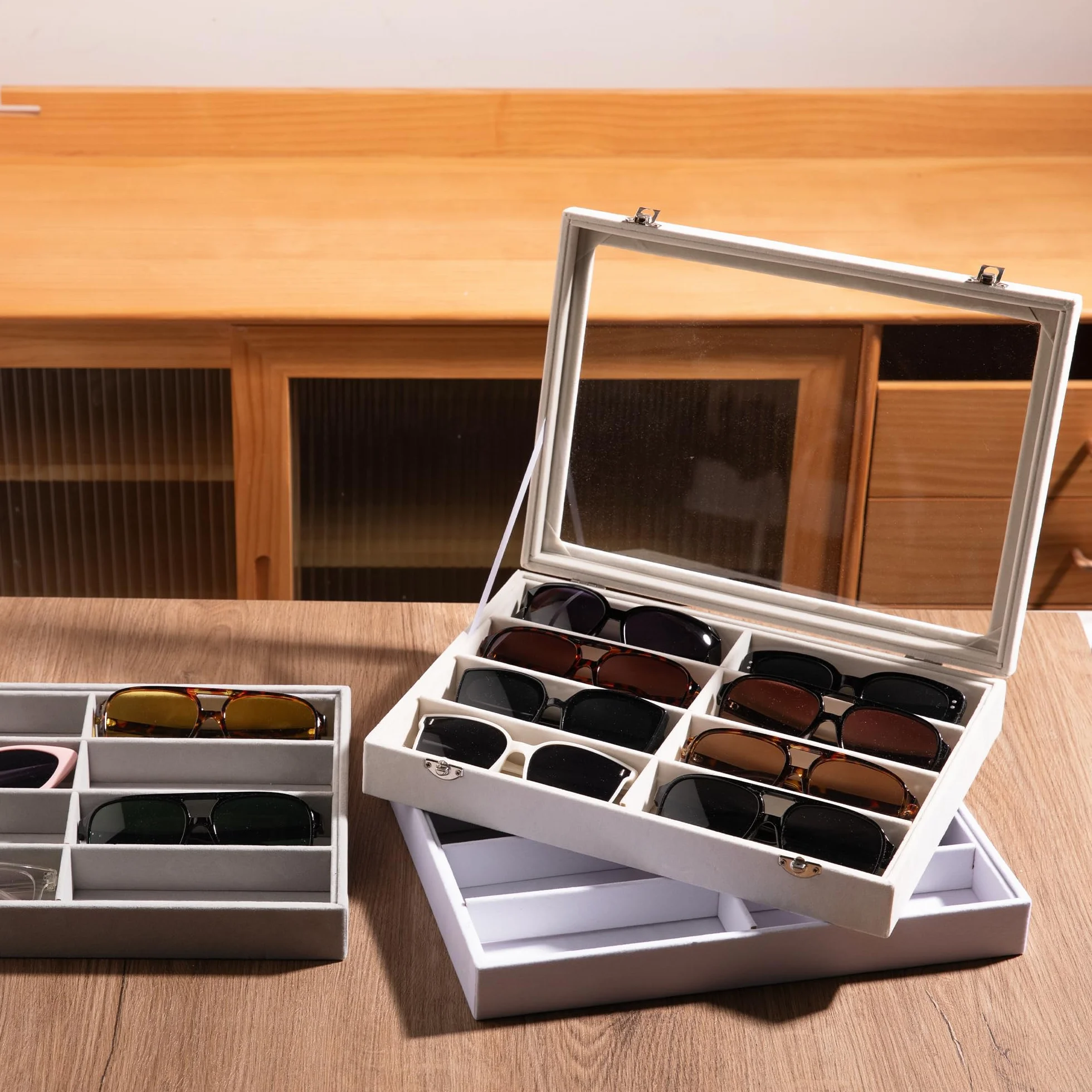 Frebeauty Aksamitny organizer, aksamitny organizer na okulary, taca na okulary przeciwsłoneczne z przezroczystą pokrywką, etui na okulary/okulary/taca ekspozycyjna na zegarek