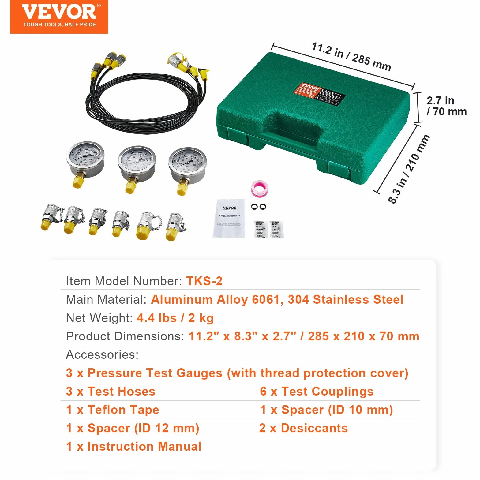 VEVOR Zestaw do testowania ciśnienia hydraulicznego, 250/400/600 bar, 3 manometry 6 stawów, zestaw mierników hydraulicznych do koparek z przenośną obudową do koparek traktorów maszyn budowlanych