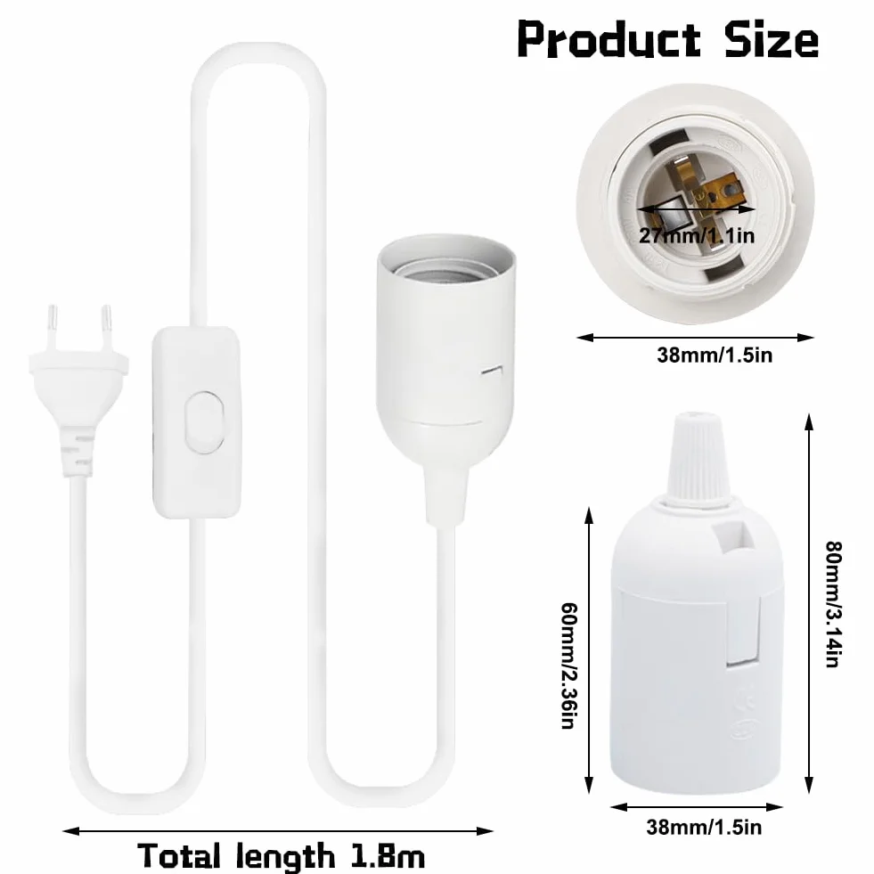 2 sztuki oprawek E27 z przełącznikiem, adapter gniazda wtykowego E27, przewód zasilający 2 m i wtyczka UE do lamp DIY, do zawieszenia lampy, lampa wisząca, salon, kuchnia, kolor biały
