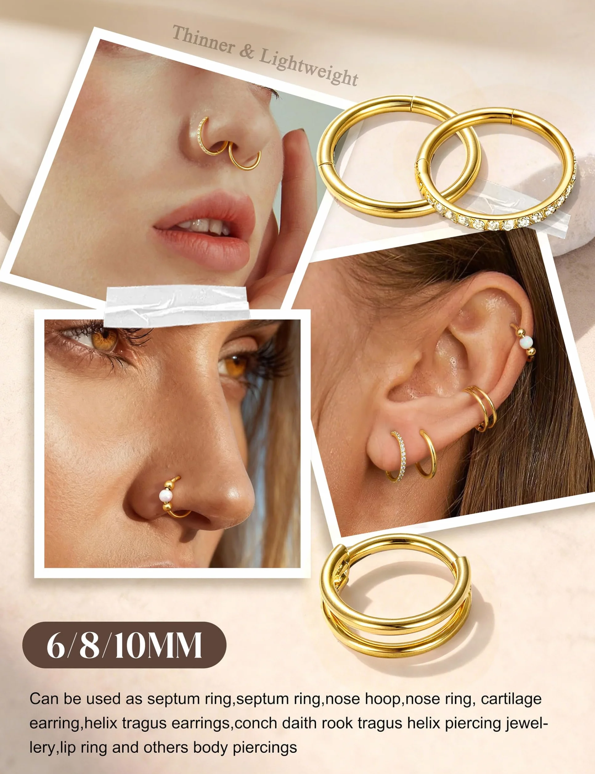 Morfetto 4 sztuki kolczyków do nosa, 16 g, 18 g, 20 g, stal chirurgiczna 316L, kolczyk do nosa, helix, conch, tragus, daith, złoto, srebro, clicker, 6 mm/8 mm/10 mm