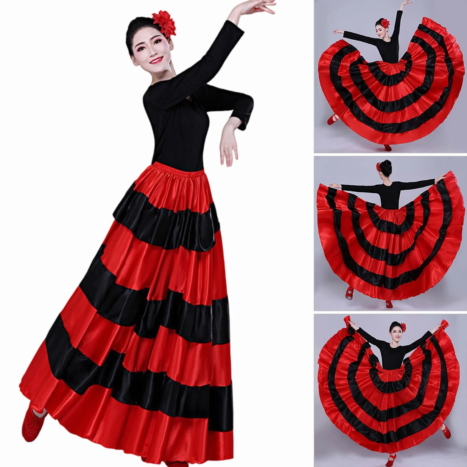 Damska czarna czerwona warstwowa długa spódnica do hiszpańskiego flamenco Meksyk Balet Folklorico spódnica do tańca brzucha długa spódnica flamenco hiszpański taniec duża huśtawka kostium na Halloween