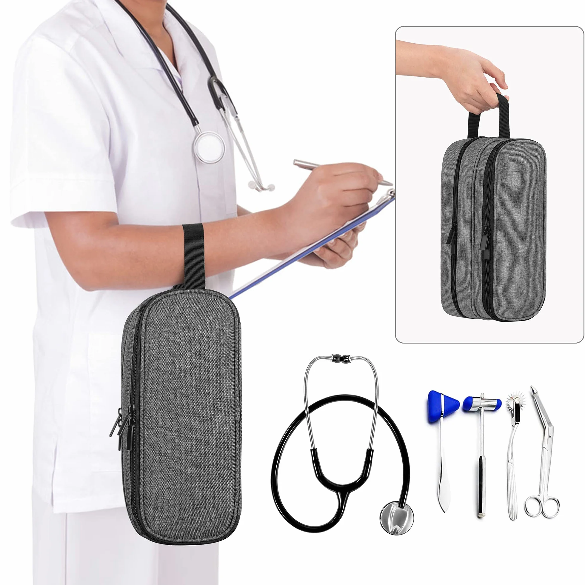 Trunab Stetoskop torba do noszenia kompatybilna z 3M Littmann/MDF/ADC, trzymająca dwa stetoskopy lub mankiety BP, medyczna obudowa z dodatkową kieszenią na akcesoria dla pielęgniarek, niezbędne akcesoria dla pielęgniarek, lekarzy, szary