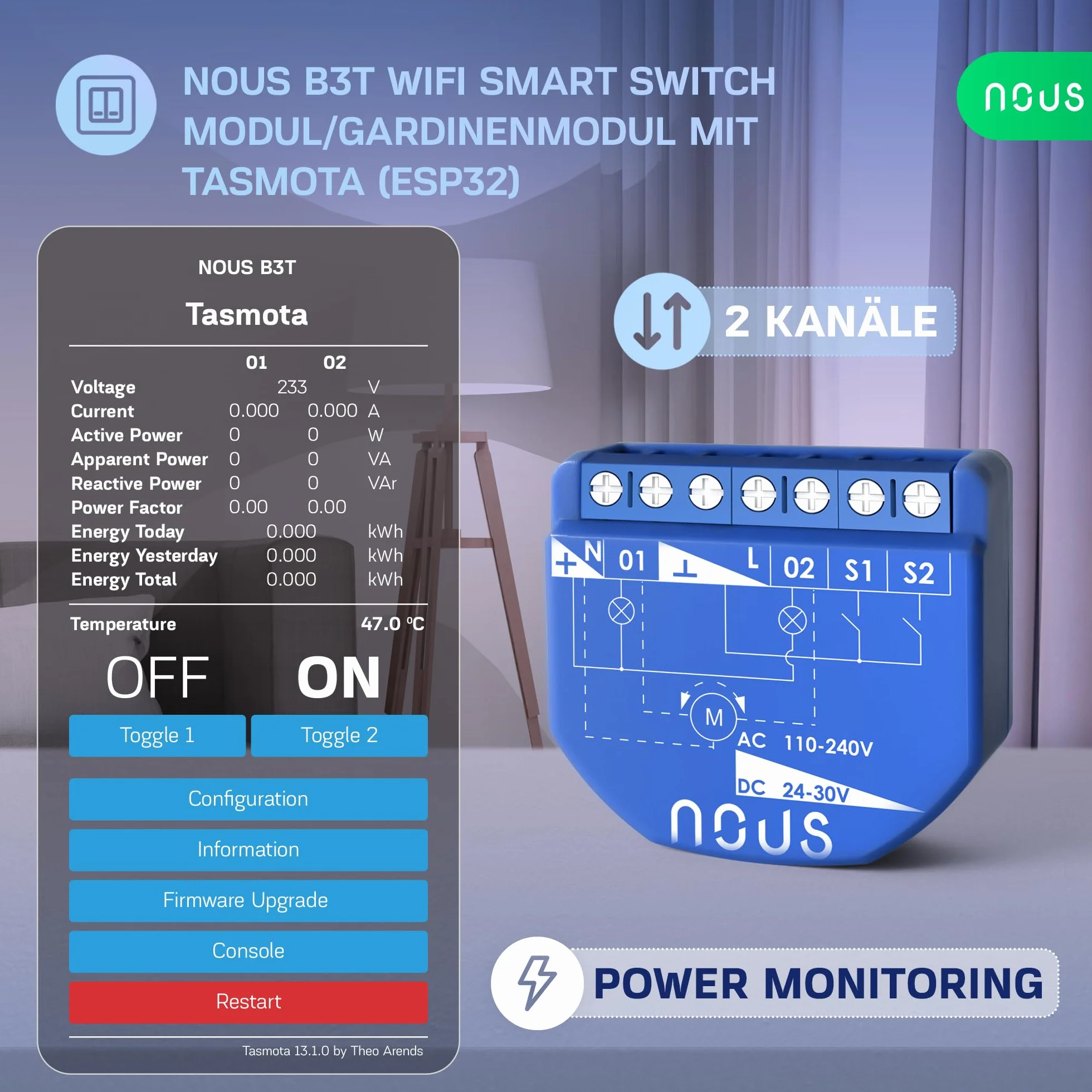 NOUS Moduł przełączający WiFi Tasmota, 16 A, 2 kanały z pomiarem mocy/moduł kurtyny 1 kanał, ESP32, czujnik temperatury, Matter & MQTT, suche styki, kompatybilny z Alexa, Home Assistant, Google Home,