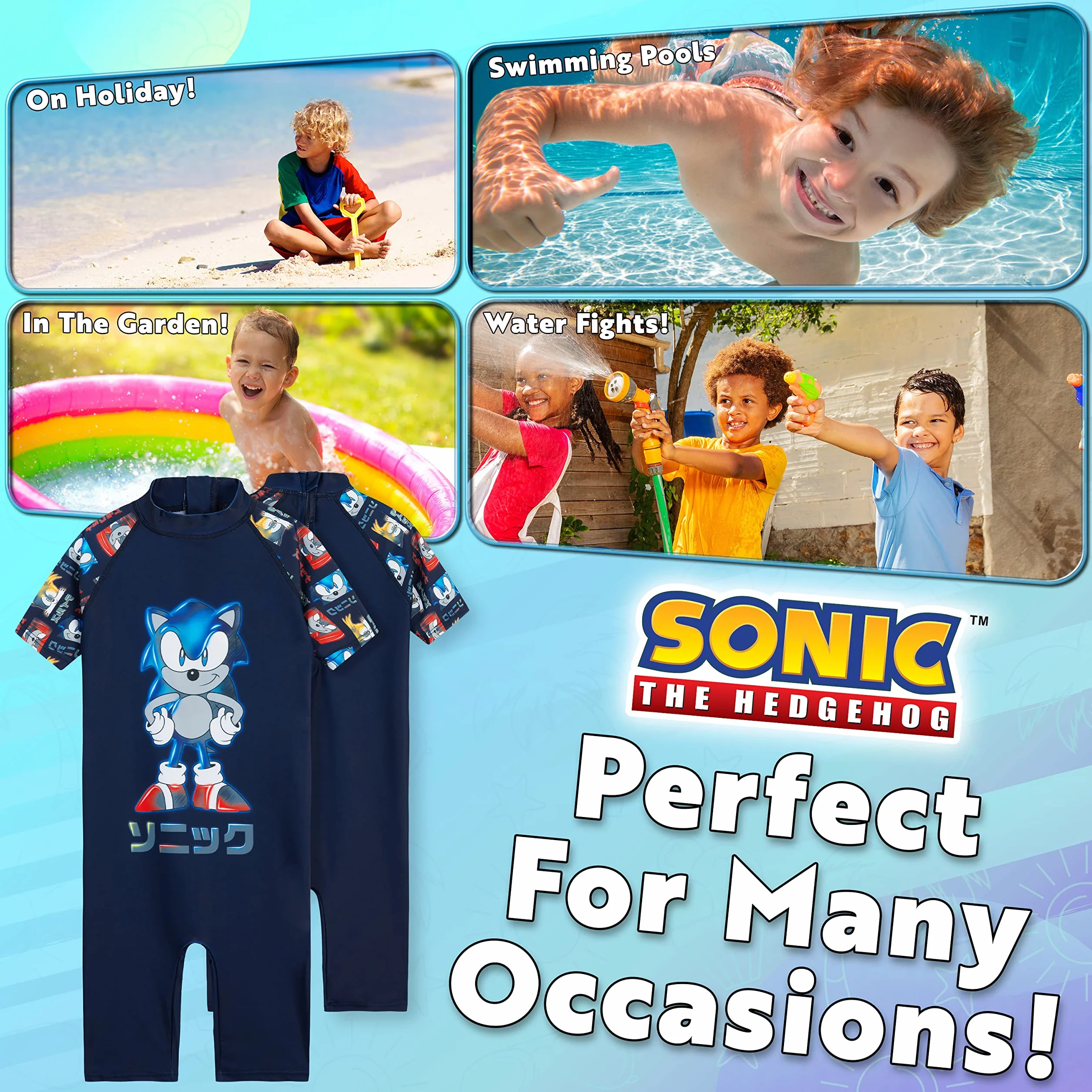 Sonic The Hedgehog Pływanie Chłopców Kostium Lato Wakacje Niezbędniki dla Dzieci Stroje Kąpielowe dla Dzieci 3-10 Lat Krótki Rękaw Pełne Ciało Strój kąpielowy z Zamkiem Błyskawicznym Plaża Basen