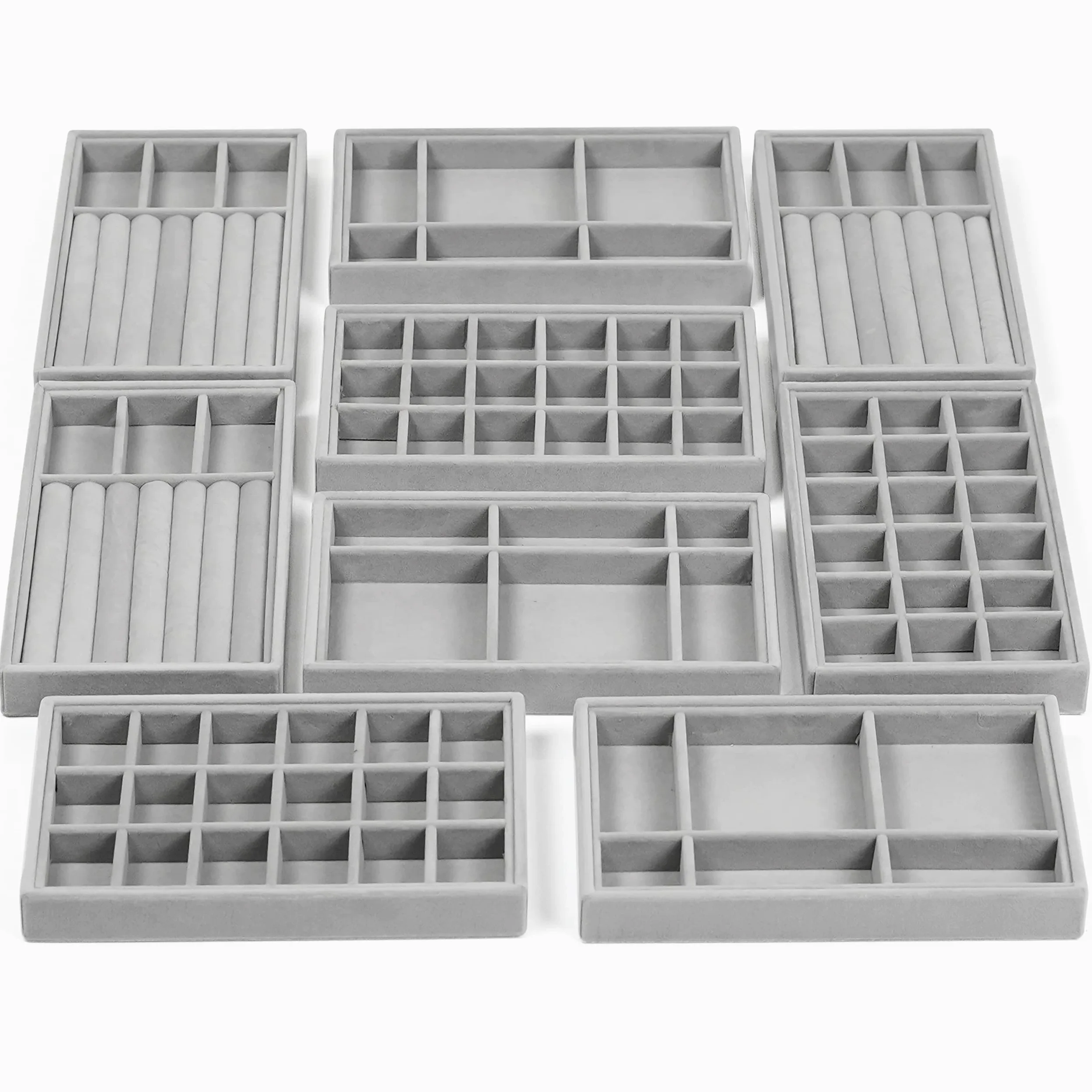 Belle Vous Szary aksamitny skórzany organizer na biżuterię, tacki do przechowywania (9 sztuk) - 12,3 x 21 cm - pudełka ekspozycyjne do szuflad komody na naszyjniki, pierścionki, bransoletki i kolczyki