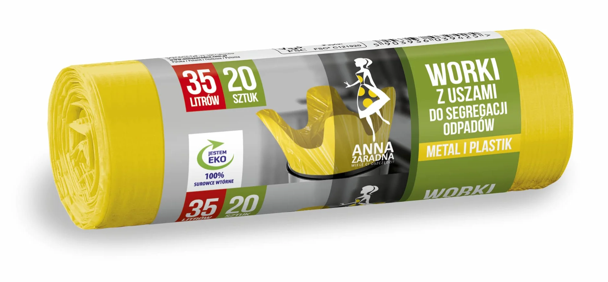 Anna Zaradna worki z uszami do segregacji odpadów PLASTIK, METAL 35L 20szt. kolor żółty