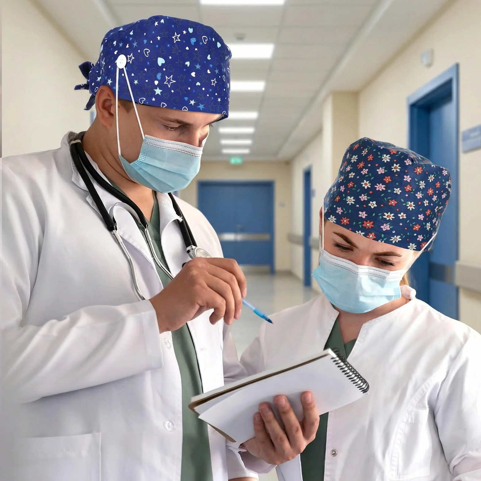 2-pak okapów operacyjnych dla kobiet i mężczyzn, regulowane kaptury robocze z guzikami, elastyczne opaski do wiązania, opaska przeciwpotowa dla kobiet i mężczyzn