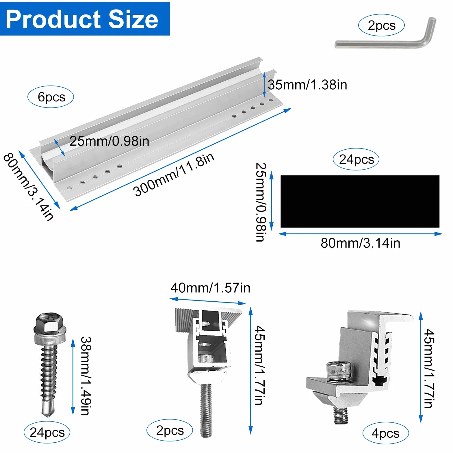 Zestaw 6 uchwytów do montażu modułu solarnego, 300 mm, moduł PV, wspornik szyn płaskiego dachu, 30-45 mm, regulowany zacisk końcowy, do profilu aluminiowego do mocowania fotowoltaicznego