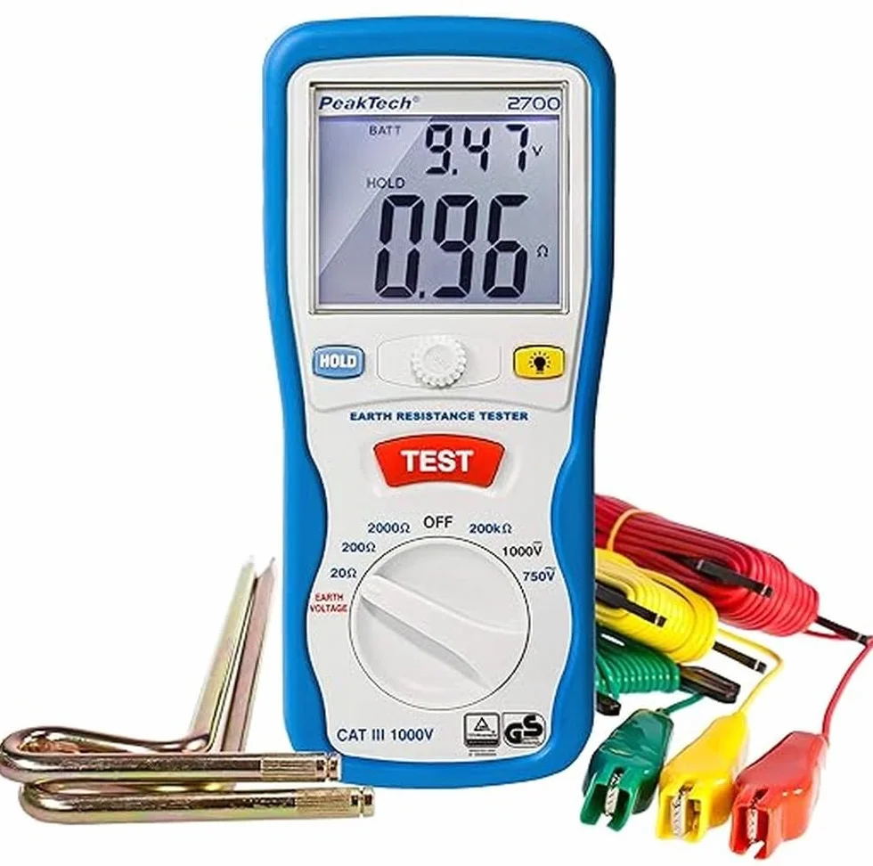 PeakTech 2700 - cyfrowy miernik uziemienia z podświetlanym podwójnym wyświetlaczem LCD i 2 prętami uziemiającymi, oporem podłogowym, pomiarem, AC/DC, TÜV/GS, Data-Hold