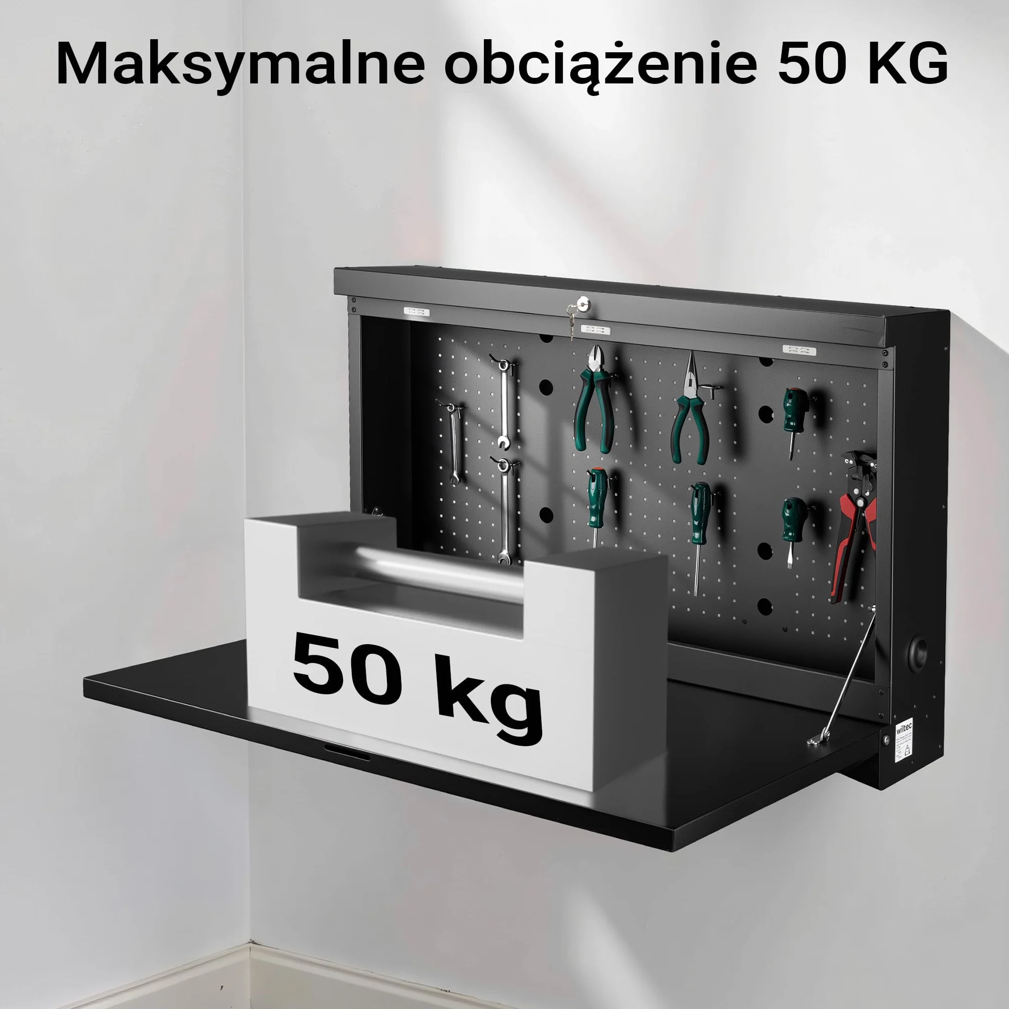 Wiltec Składany stół warsztatowy do 50 kg nośności z blatem 905 x 515 mm, wisząca szafka na ścianie z tablicą warsztatową na narzędzia