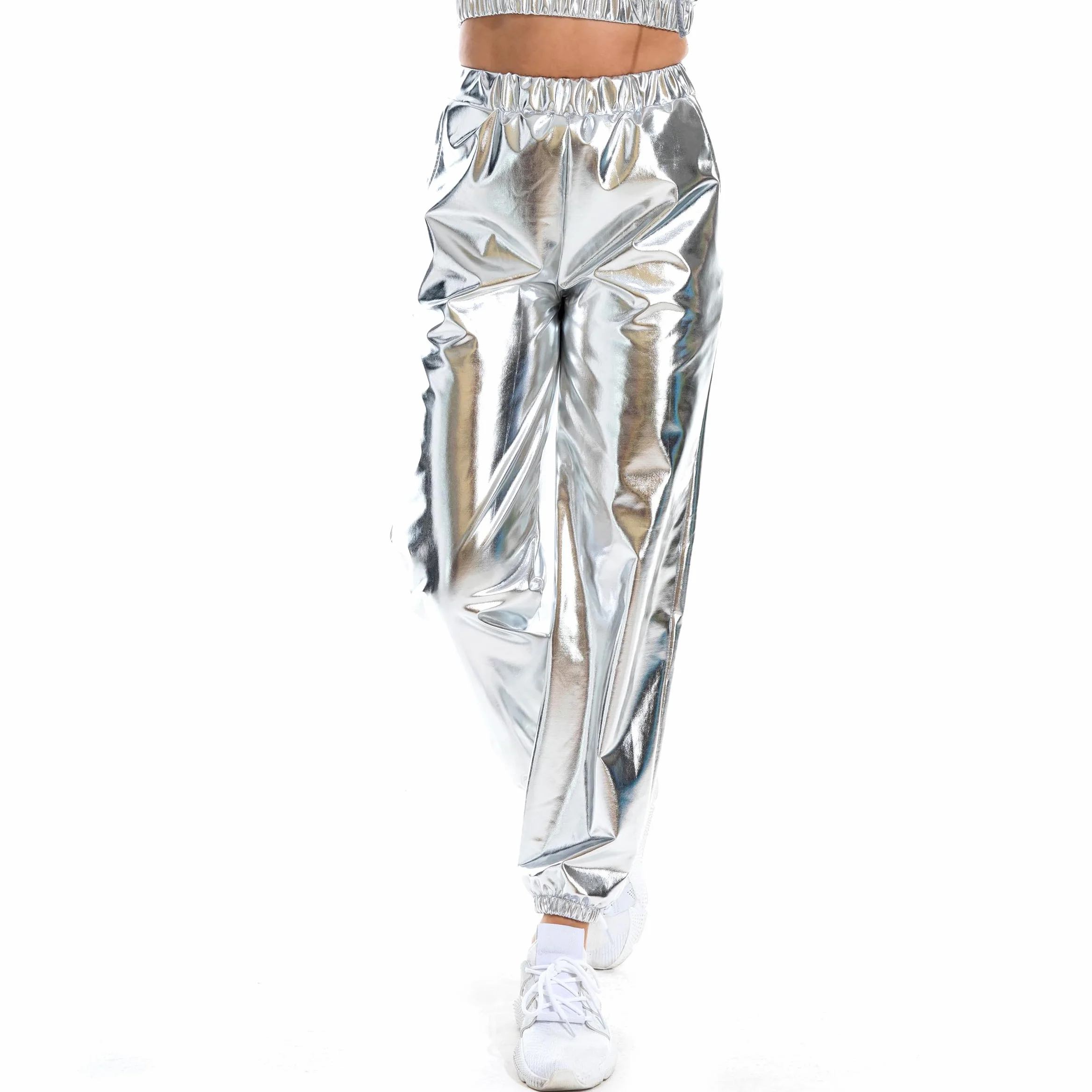 NewL Damskie metaliczne błyszczące joggery na co dzień holograficzne kolorowe spodnie streetwear hip-hop moda gładkie elastyczne spodnie