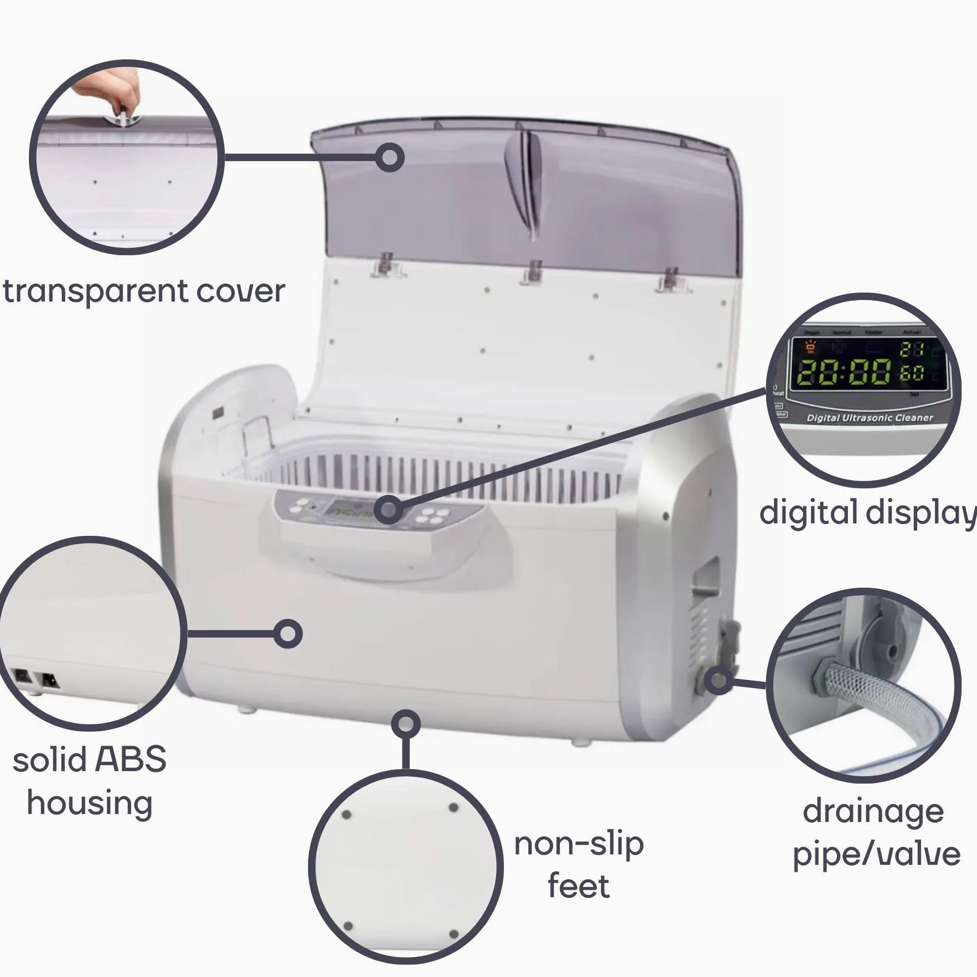 Perel Myjka ultradźwiękowa 6 L, ultrasonic cleaner 35 kHz, do biżuterii okularów zegarków protez monet kluczy, stal nierdzewna, timer cyfrowy i regulacja temperatury, zawór spustowy, biała