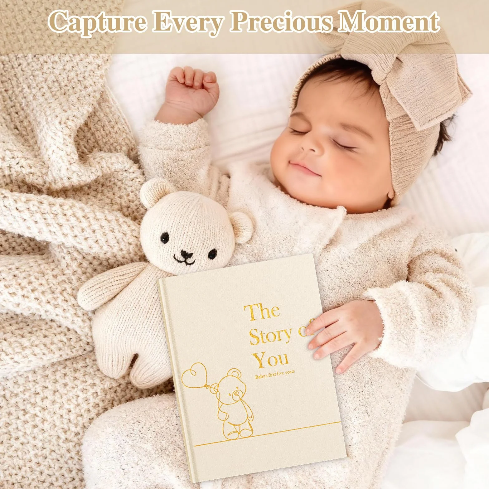 Lanpn Album ze zdjęciami dla dziecka Pierwszy 5 Rok dla chłopca dziewczynki, The Story of Your Baby Memory Book, Pamiętnik Baby Book, Dziennik dla noworodków Prezent (beżowy, angielski, 154 strony)