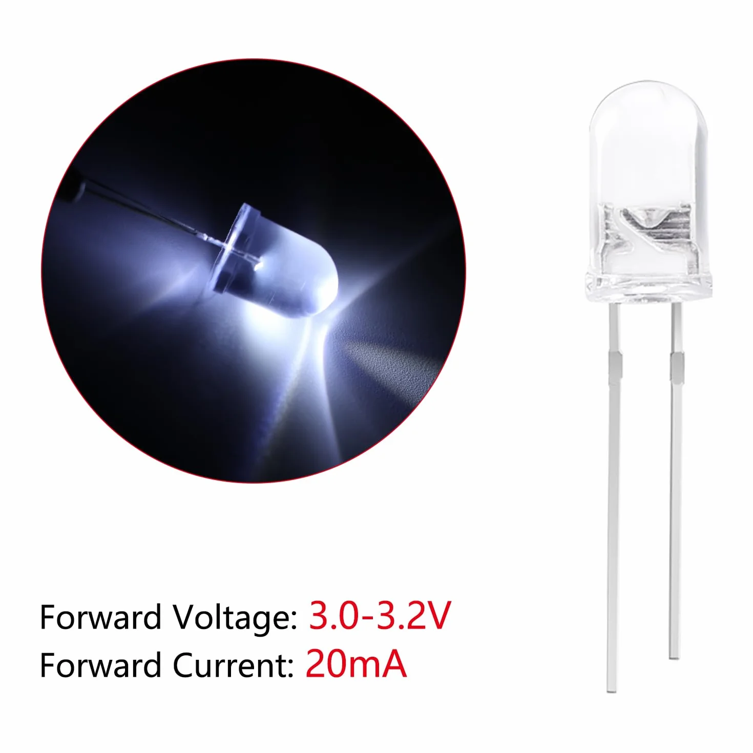 YIXISI 100 Sztuk 5mm Zestaw Diod LED, 2-Pinowe Diody Elektroluminescencyjne, Diody LED, Biały