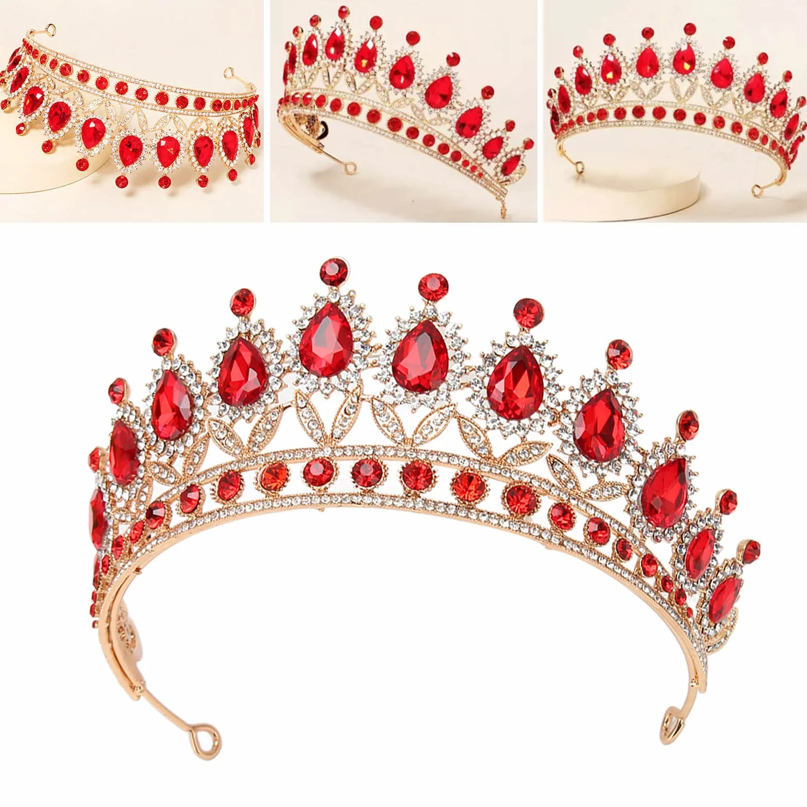 Vofler Queen Tiara, czerwona kryształowa korona dla panny młodej, ślubna ozdoba do włosów, bal absolwentów, bal kostiumowy, z grzebieniami, luksusowa