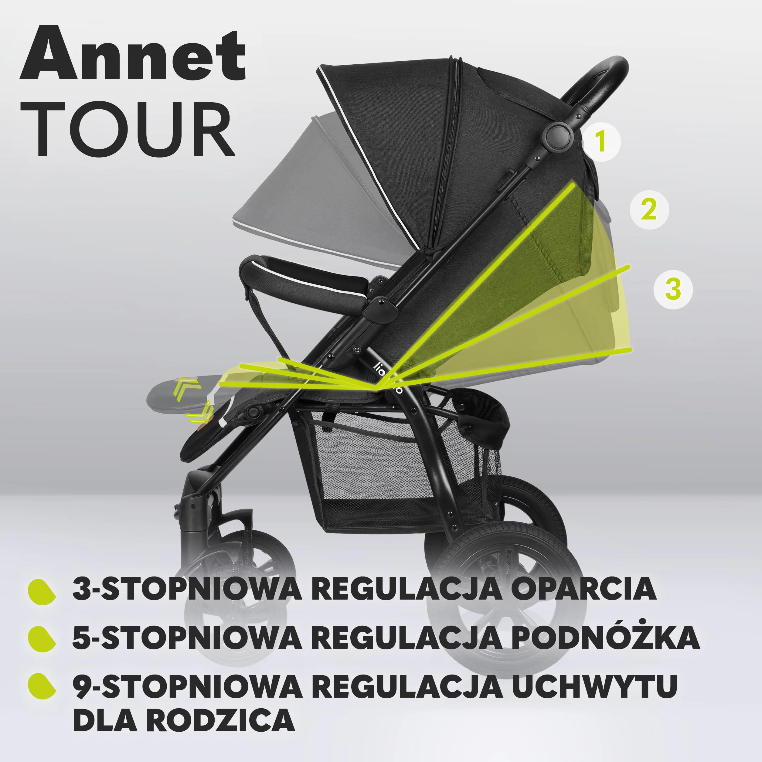 LIONELO Annet Tour Wózek Spacerowy do 22 kg, Regulacja Uchwytu, Regulacja Oparcia do Pozycji Leżącej, Bezobsługowe Duże Koła, Wodoodporna Budka XXL, 5-punktowe pasy, Kosz Zakupowy (Czarny)