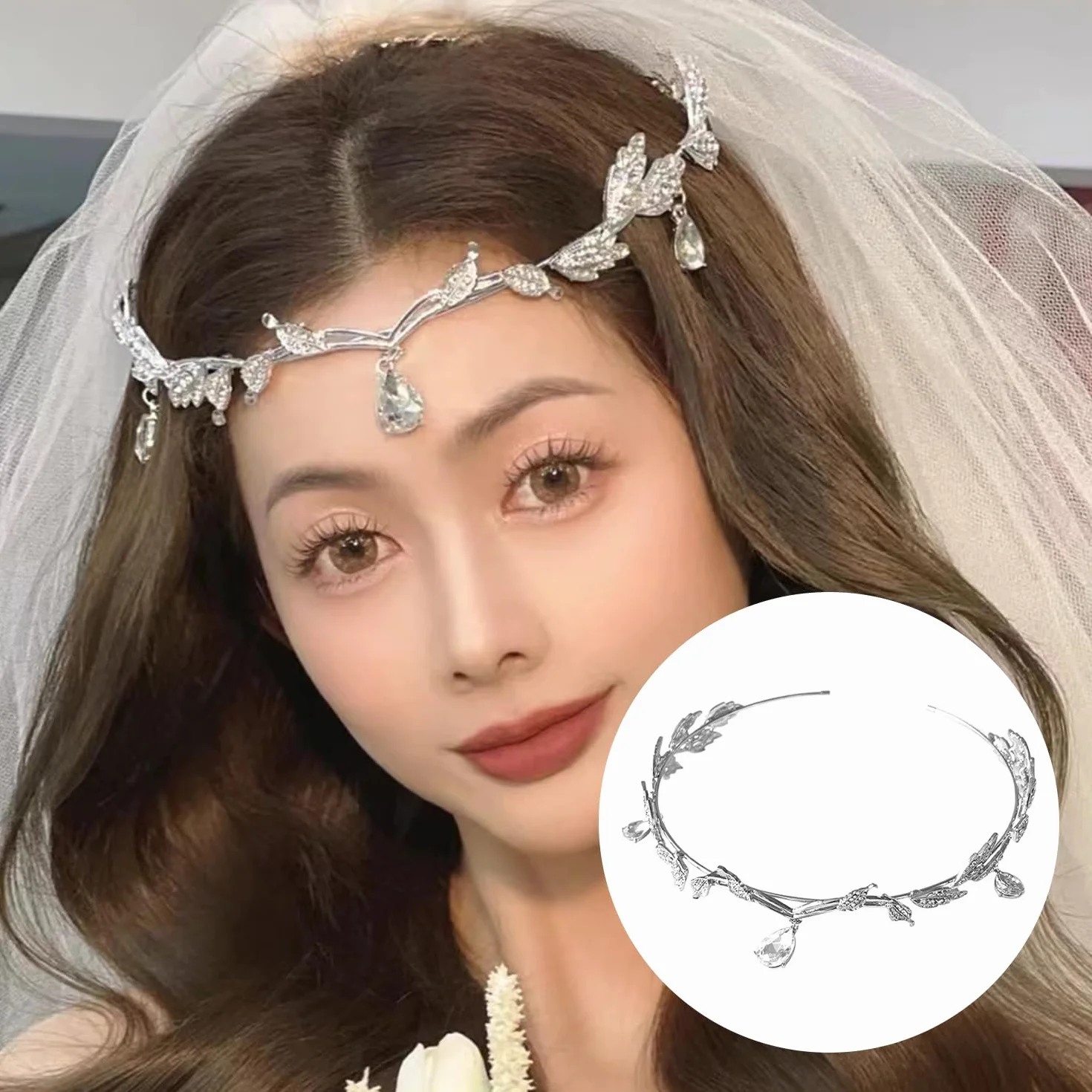 1 sztuka tiara ślubna z 1 parą klipsów do uszu w kształcie motyla, kryształowa opaska na głowę, opaska na głowę z liśćmi z cyrkonii, tiara karnawałowa dla kobiet, akcesoria modnej biżuterii
