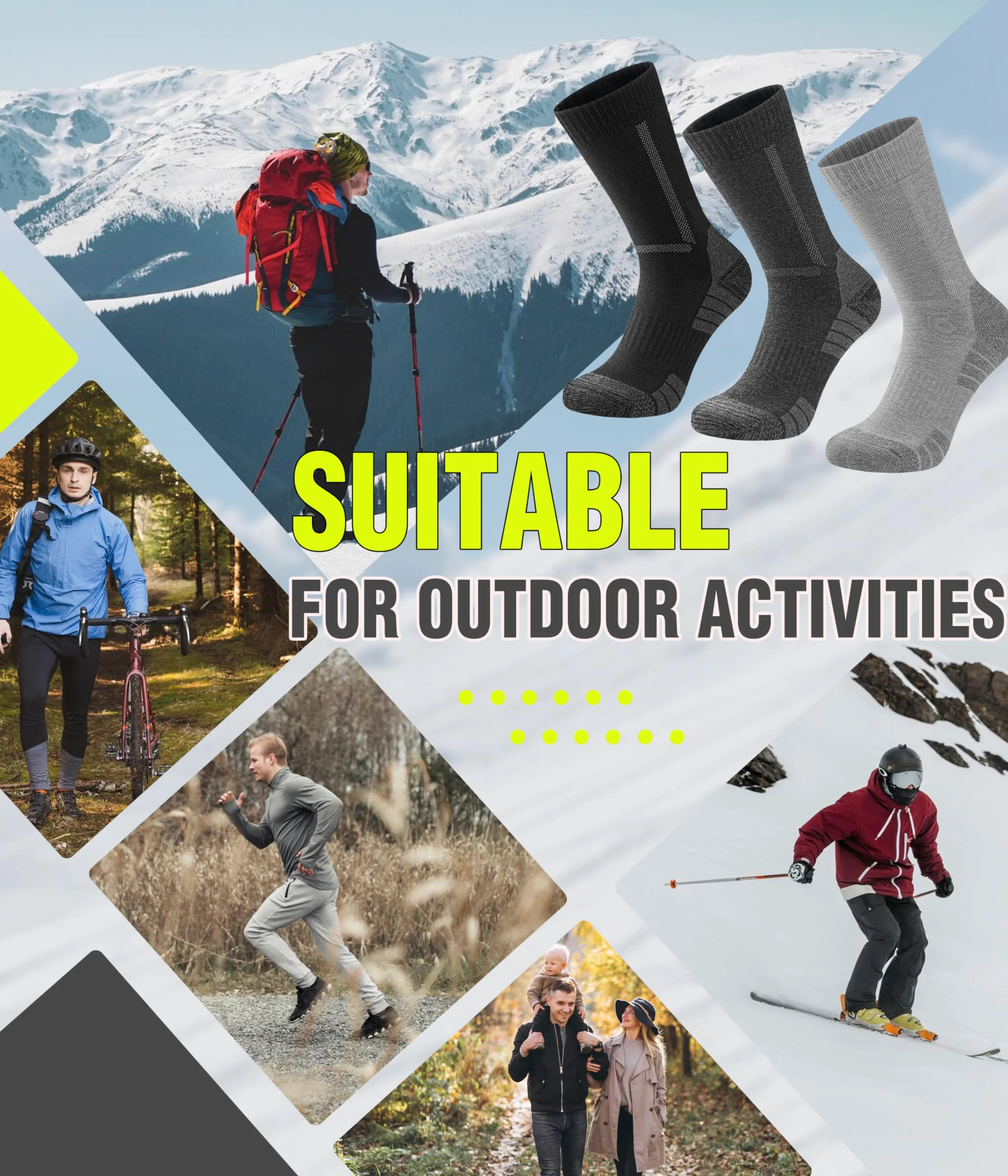 YESWEL 3 Pary Merino Skarpet Trekkingowych Dla Mężczyzn i Kobiet, 60% Wełna Merino Skarpety Termiczne, Zimowe Skarpety Zewnętrzne Z Amortyzacją Na Trekking i Sport
