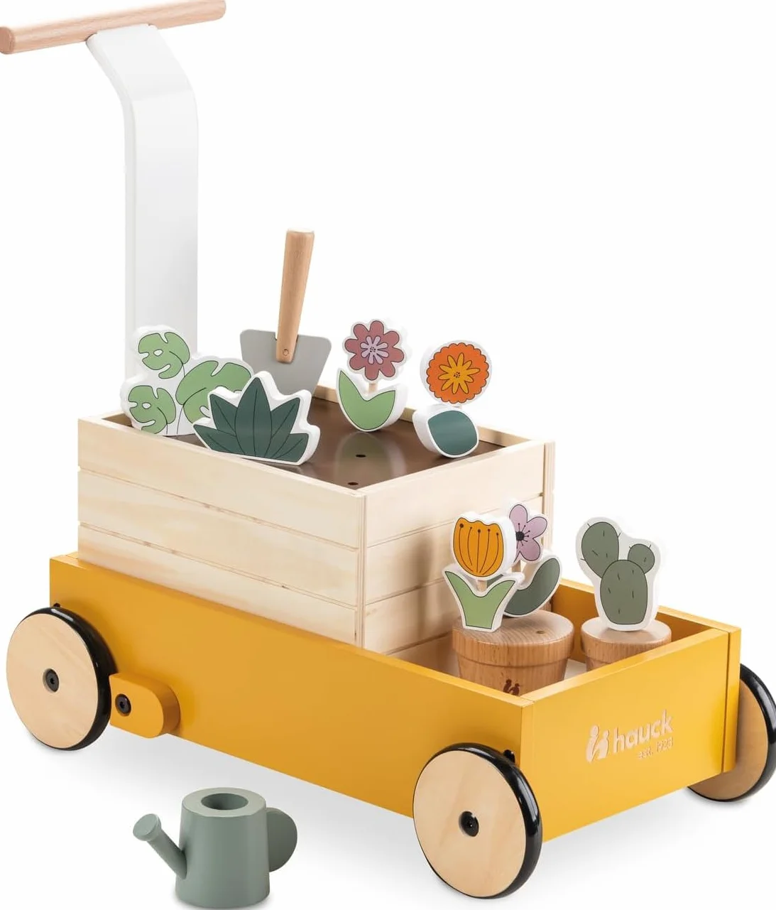 hauck Learn to Walk pomoc w nauce chodzenia z ogrodnikiem, wózek do nauki chodzenia z systemem hamowania od 12 miesięcy, wózek do nauki z drewna (certyfikat FSC®), zabawka edukacyjna do gry