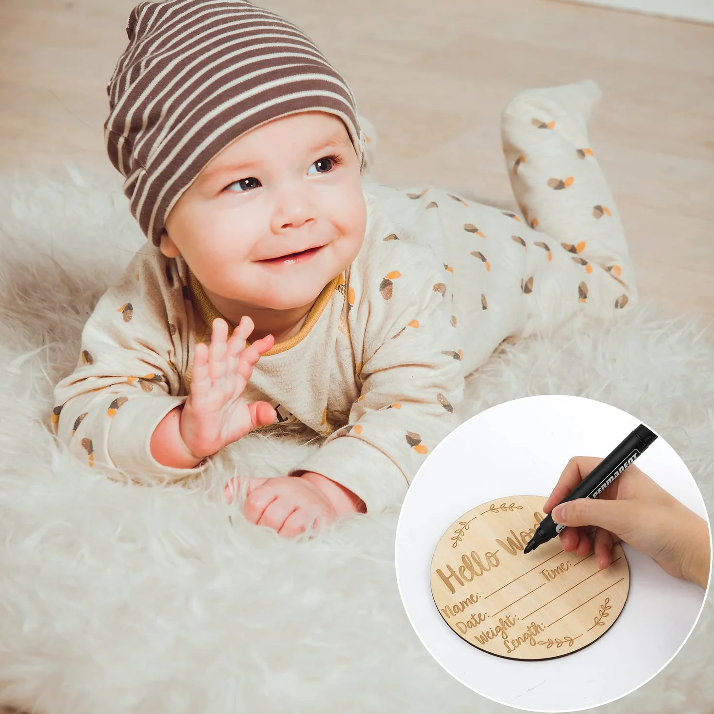 Drewniany Znak Ogloszenia Dziecka, 15cm Baby Announcement Sign Okragly Nowy Znak Dziecka Witaj Swiat Noworodek Znak Powitalny do Szpitala Zdjecie Rekwizytu Baby Shower Nowi Rodzice (Styl 2)