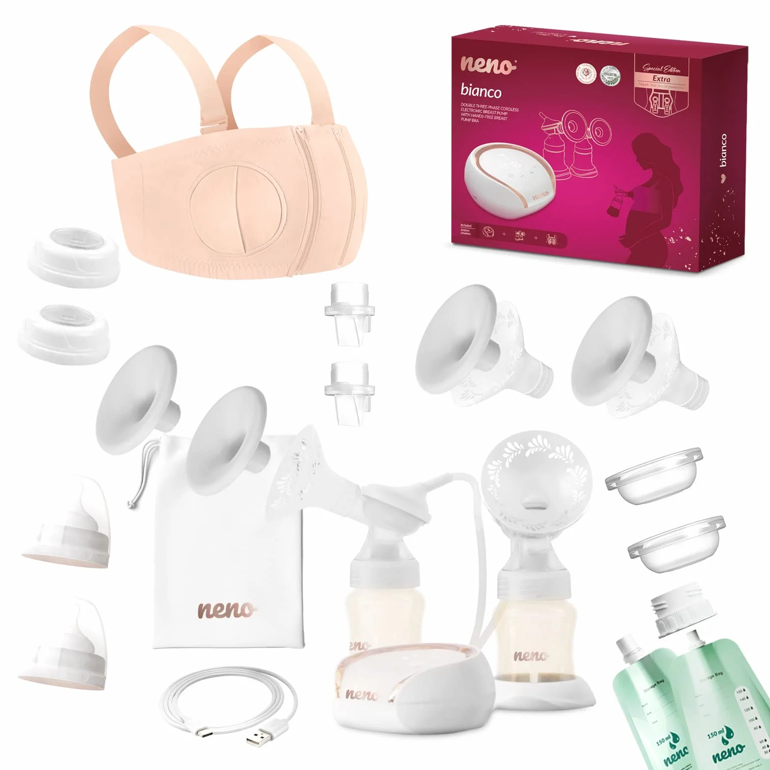 Neno® BIANCO Double elektryczny laktator z gorsetem Neno® Libero – podwójna pompa do mleka 3 tryby pracy