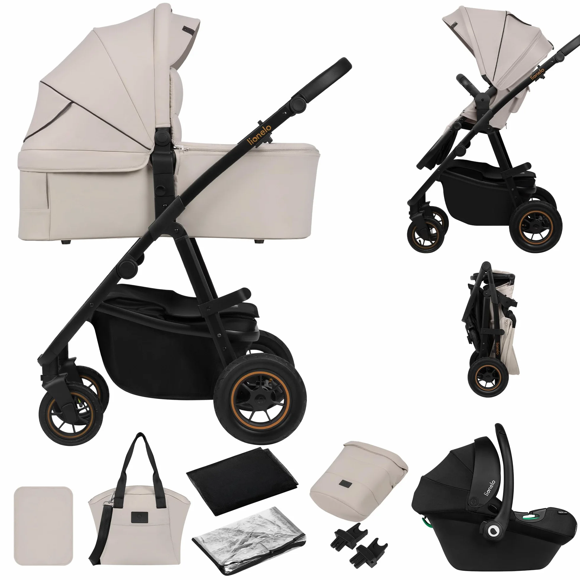 LIONELO AMBER PLUS 3 w 1 Wielofunkcyjny Wózek Dziecięcy od 0 do 4 lat do 22kg z Gondolą XL, Fotelik Samochodowy do 13 kg, Regulacja Oparcia, Duże Terenowe Koła 360o Budka XXL