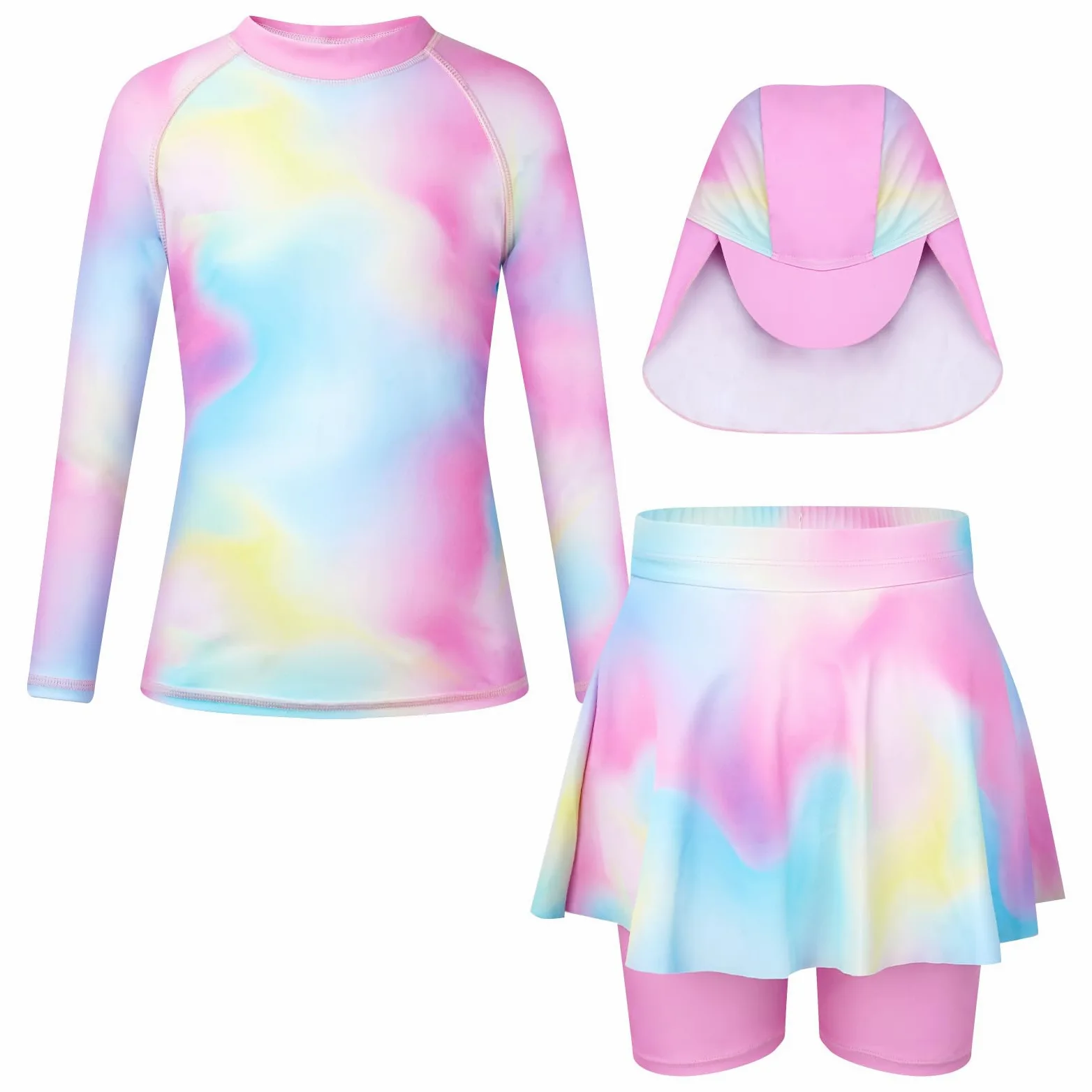 WYTbaby Kostium kąpielowy dziewczęcy 3 sztuki UV Rash Guard długie rękawy zestaw z falbankami dla dziewczynek 4-9 lat
