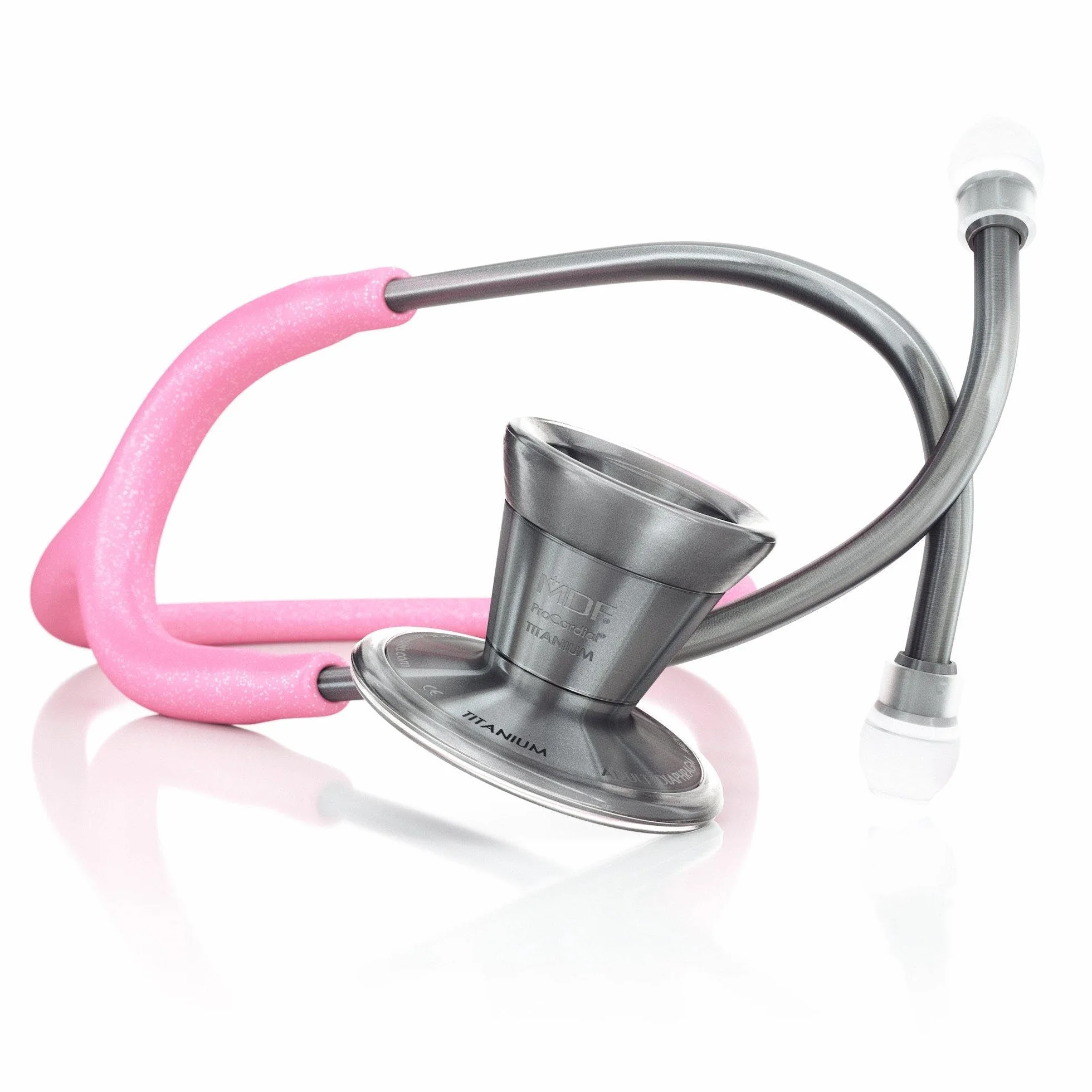 MDF Instruments ProCardial Stetoskop kardiologiczny, lekki tytan, dla dorosłych, podwójna głowica, różowy wąż brokatowy, część piersiowa-zestaw słuchawkowy Metalika, MDF797TGL01MT+ MDF etui podróżne