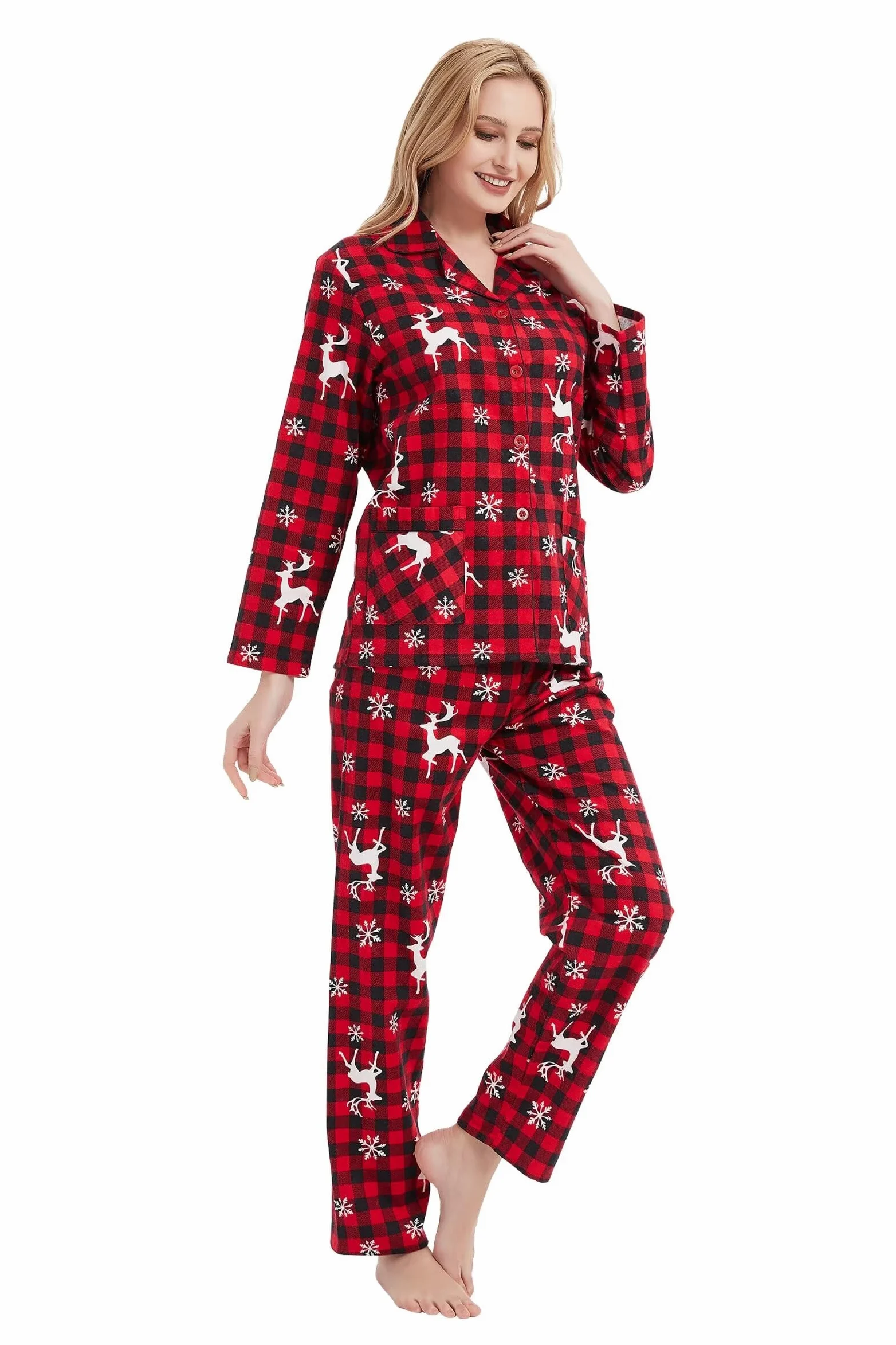 GLOBAL Schlafanzüge Damen Flanell | Baumwolle Damen Pajama Set | Zweiteiliger Nachtwäsche Damen Pjs Set Lang | Knopfleiste vorne und Kordelzug