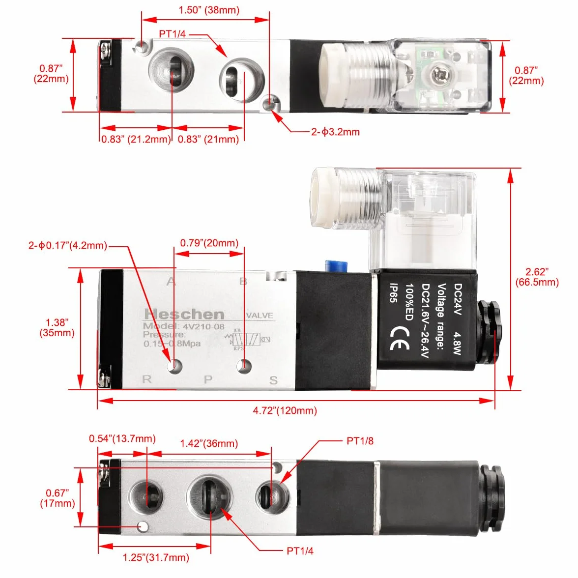 Heschen elektryczny pneumatyczny zawór elektromagnetyczny 4V210-08 DC 24 V PT 1/4 5-drożny 2 pozycje
