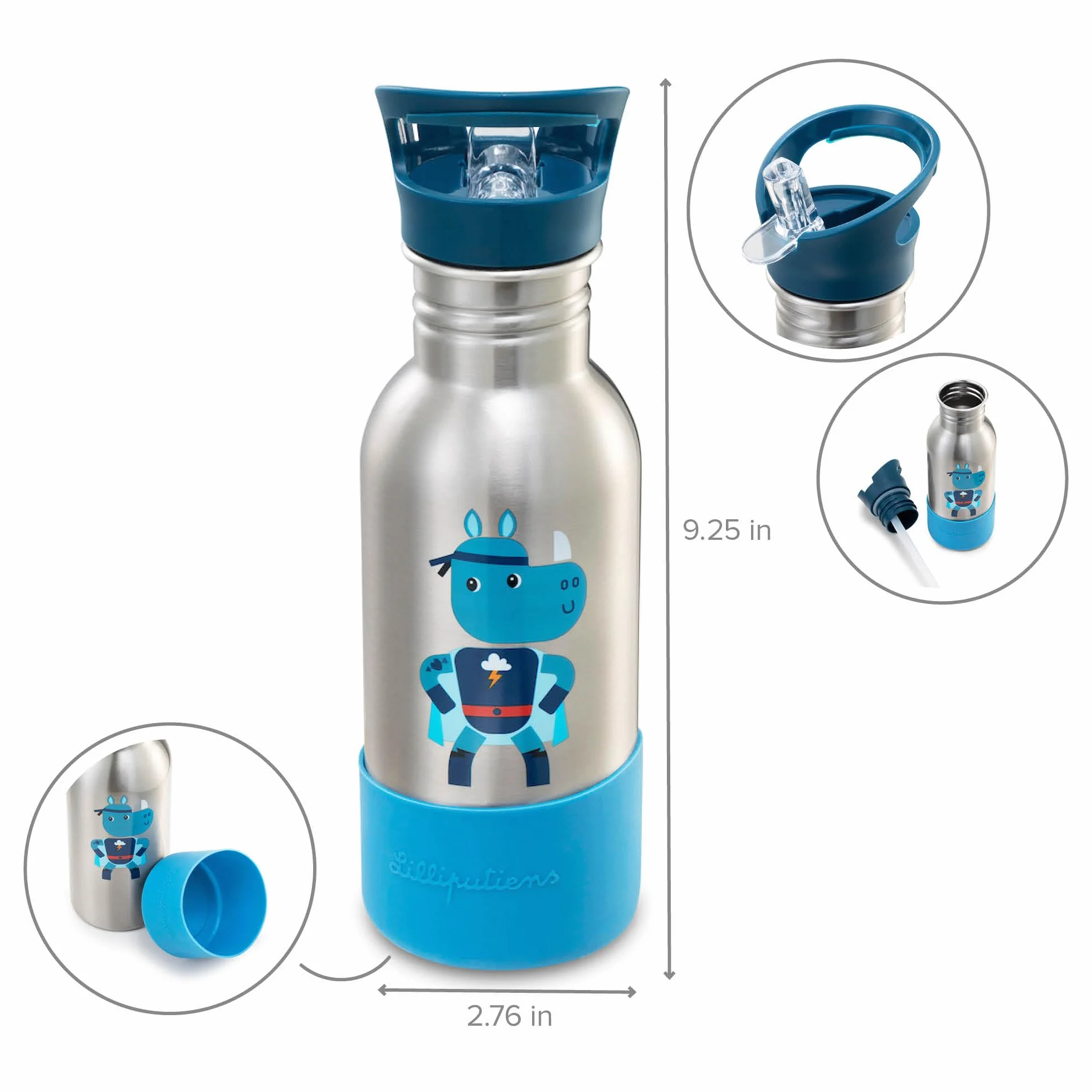 Lilliputiens - Butelka do picia dla dzieci ze stali nierdzewnej 600 ml - Super Marius - ze słomką i odporną na uderzenia silikonową podstawą - idealna do szkoły, na piknik i spacery - od 2 lat - 84473