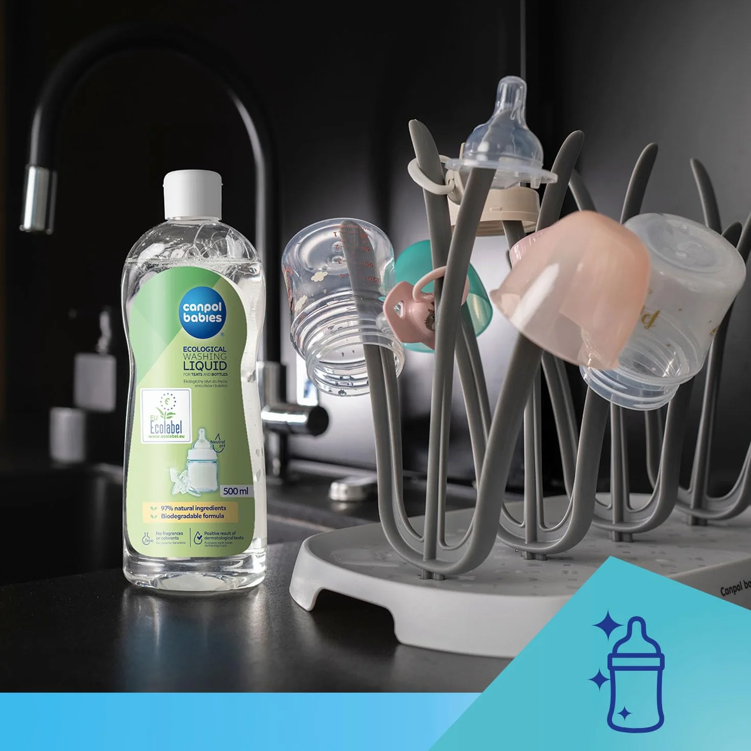 Canpol babies Ekologiczny płyn do mycia smoczków i butelek 500 ml, Usuwa resztki mleka i pokarmu, 97% składników pochodzenia naturalnego, Bez zapachu i barwników, Hipoalergiczny