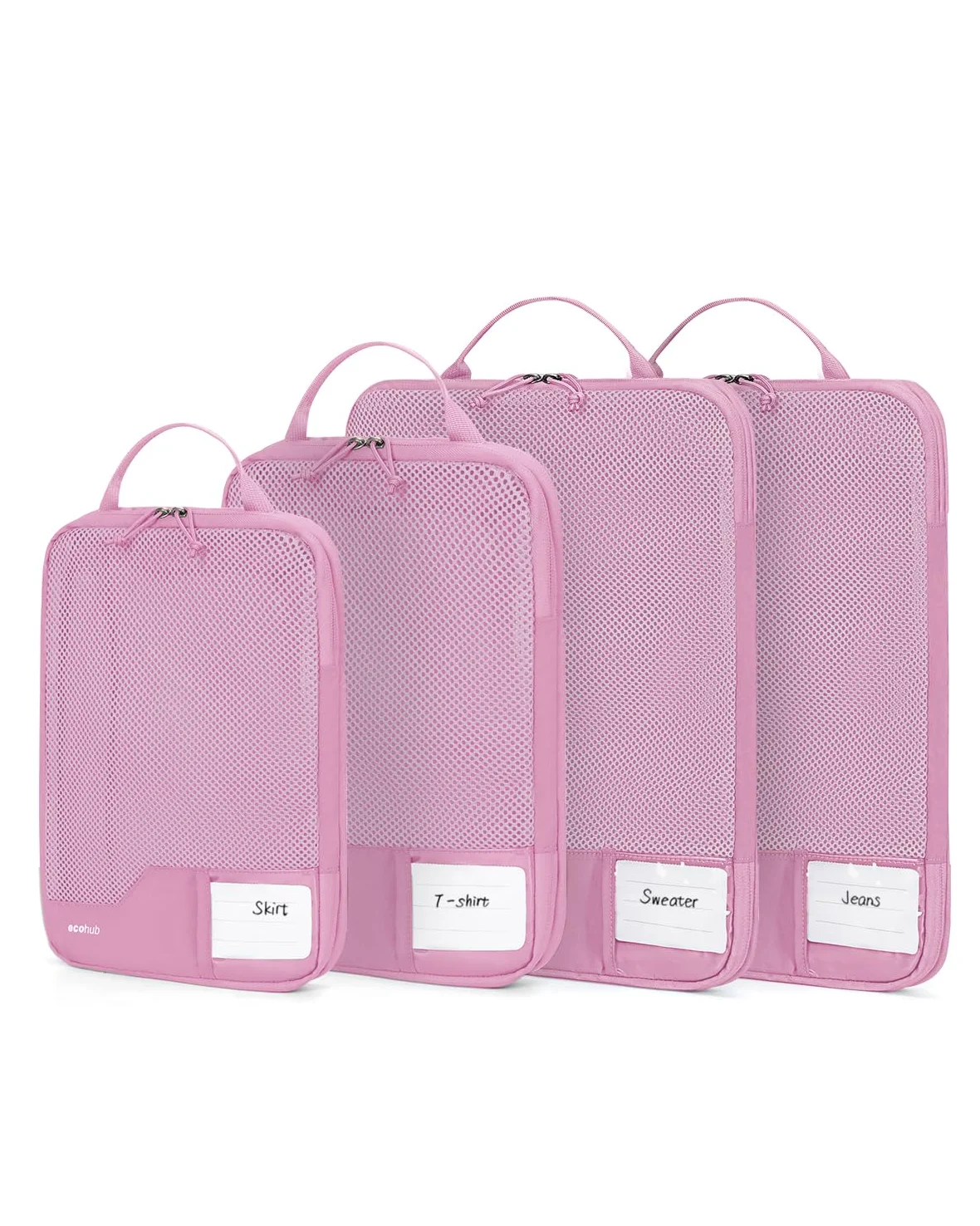 ECOHUB Kompresyjne Kostki do Pakowania 4 szt., Organizer do Walizki z ID Tag, Ekologiczne Packing Cubes, Wytrzymałe Torby Podróżne z Siatką, System Oszczędzający Miejsce(Różowy)