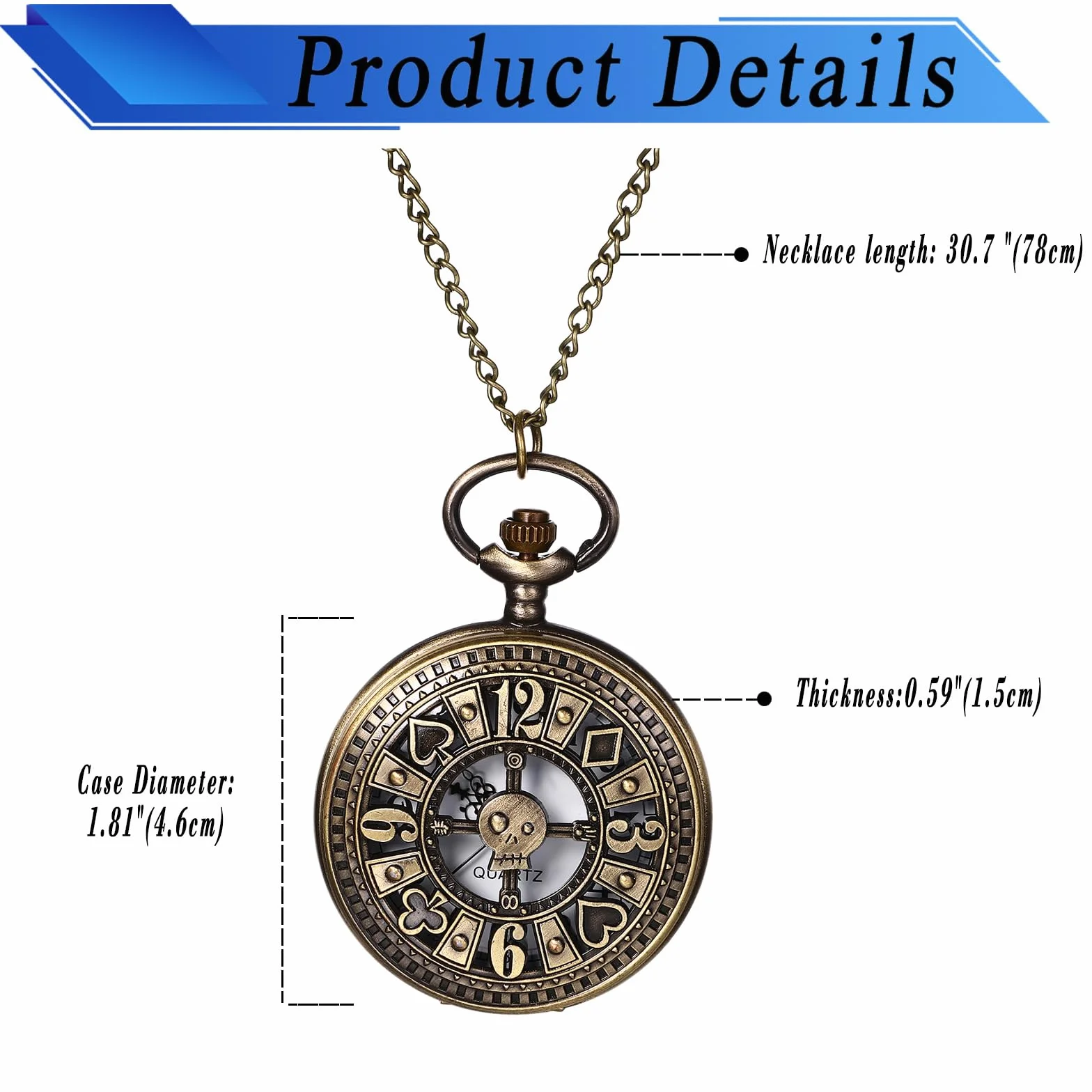 JewelryWe zegarek męski damski retro 76 cm:Vintage Poker kieszonkowy, naszyjnik fantazyjny do przebrania-kostiumu, prezent dla mężczyzn i kobiet