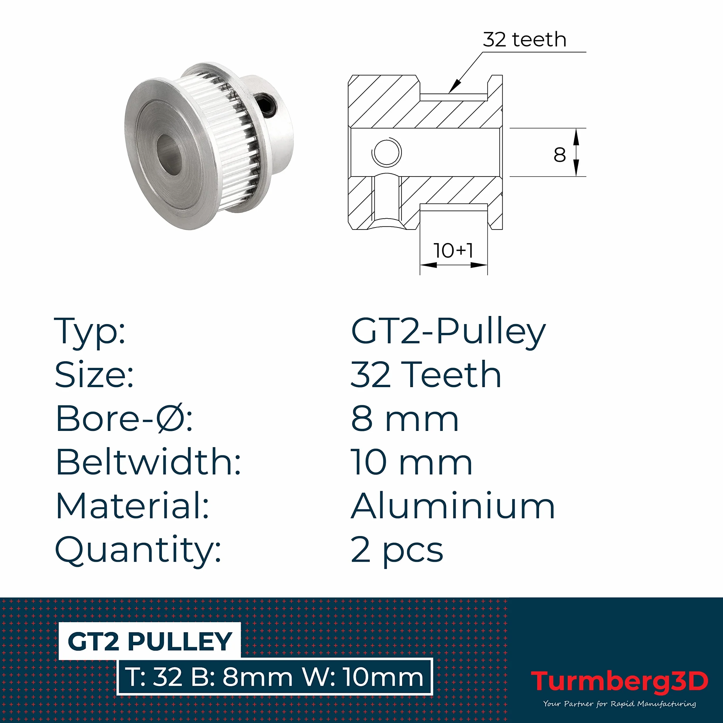 2 x GT2 koła paska rozrządu/napęd Pulley - szerokość 10 mm - 32 zęby - średnica otworu: 8 mm